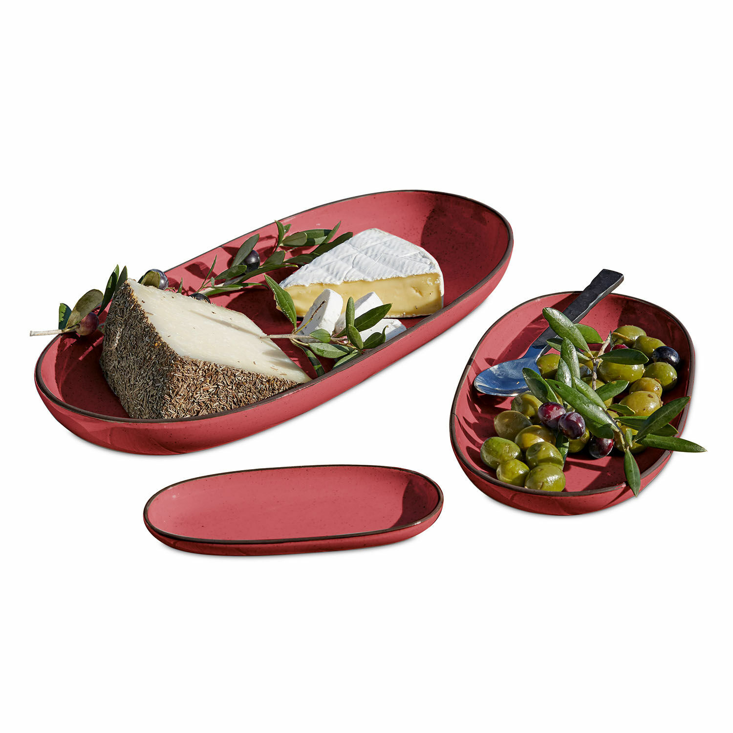 Lot de 3 plateaux de service Biarré Ensemble de trois assiettes ovales en céramique rouge pour servir fromages et olives