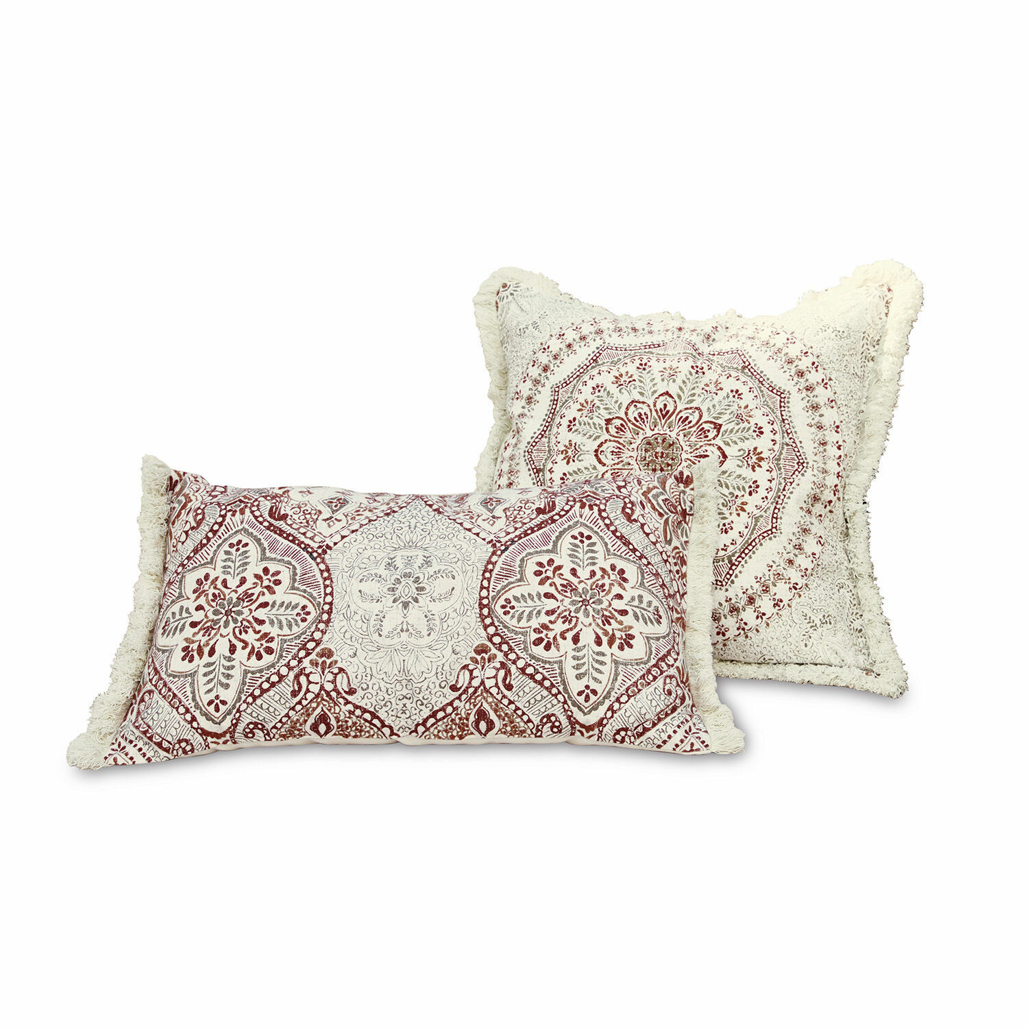 Lot de 2 housses de coussins Margret Ensemble de deux coussins décoratifs en coton crème et rouge avec franges et motifs floraux