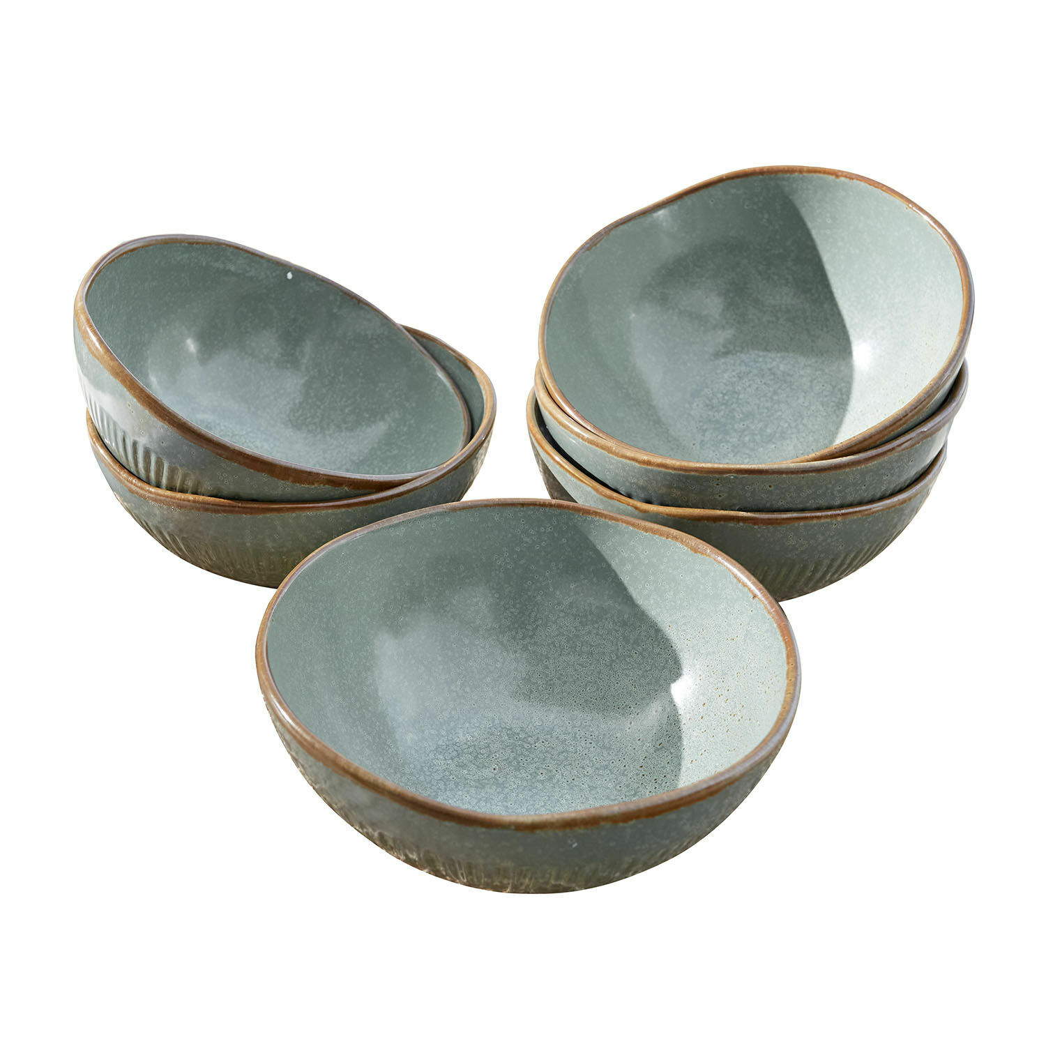 Lot de 6 bols Périers Ensemble de bols en céramique verts avec bord brun, parfait pour servir des soupes ou salades