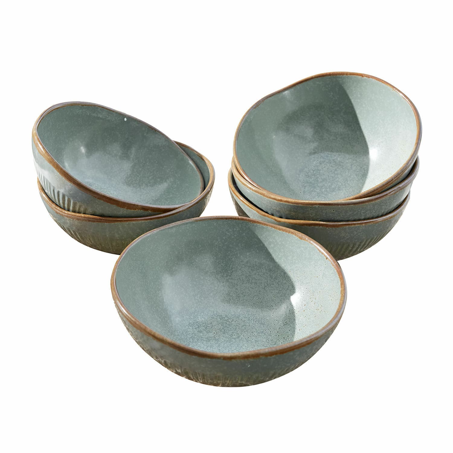 Lot de 6 bols Périers Ensemble de bols en céramique verts avec bord brun, parfait pour servir des soupes ou salades