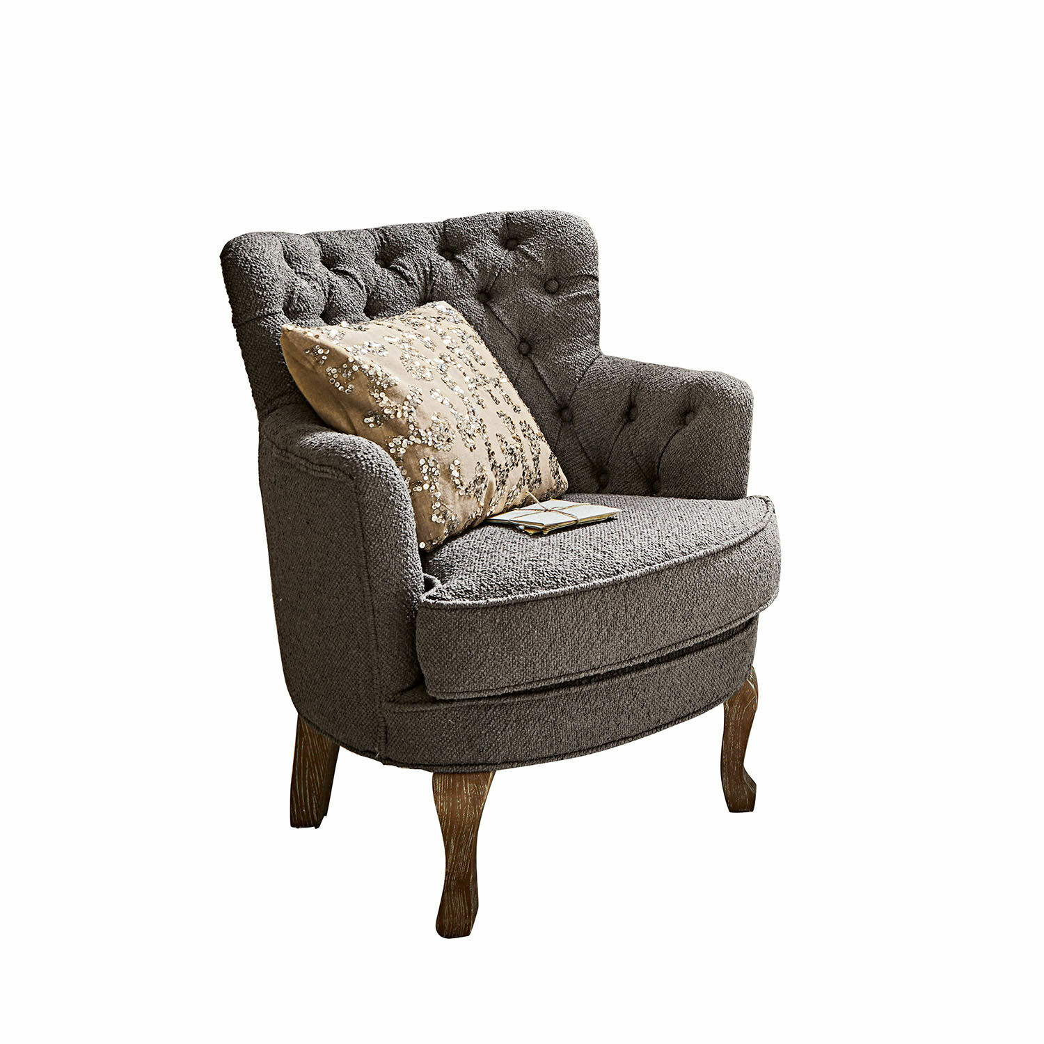 Fauteuil Calgary Fauteuil gris en tissu avec pieds en bois et coussin décoratif, siège confortable pour salon