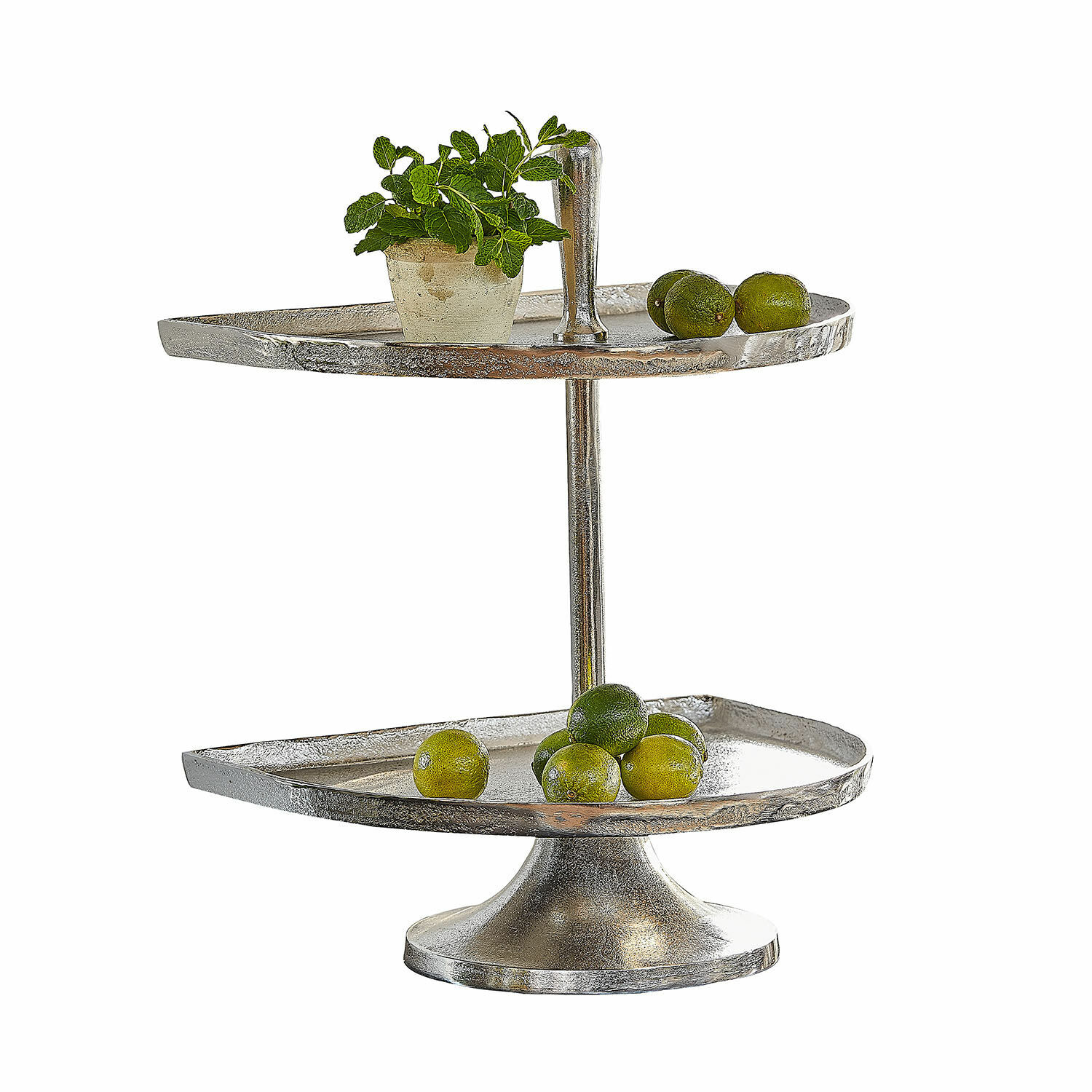 Présentoir à étages Quiralen Plateau à deux niveaux en métal argenté avec citrons verts et plante en pot décorative