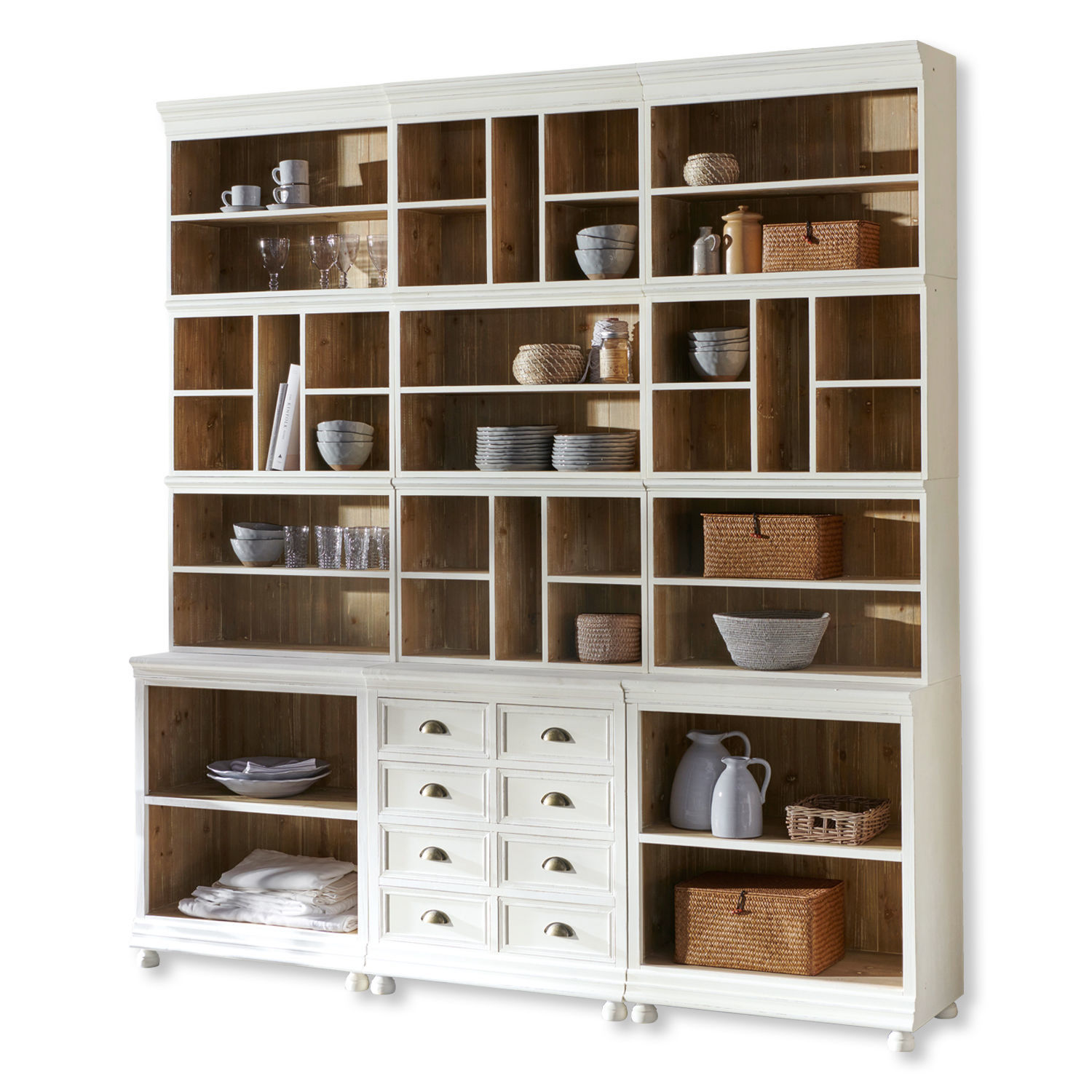 blanc Étagère Shrewsbury blanche en bois avec multiples compartiments et tiroirs pour rangement salon