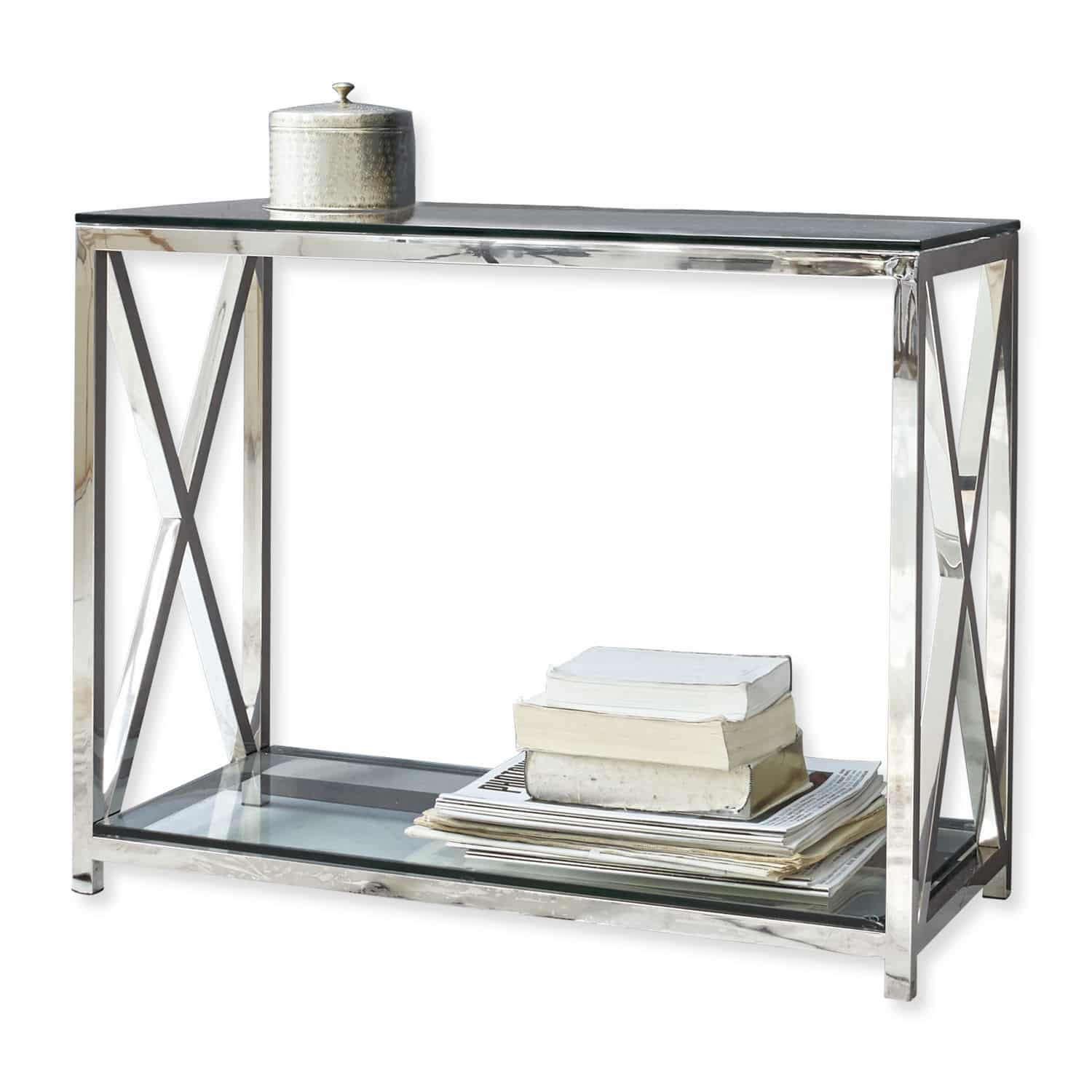 Console Dartford Console moderne en acier inoxydable et verre avec livres décoratifs et boîte argentée posée dessus