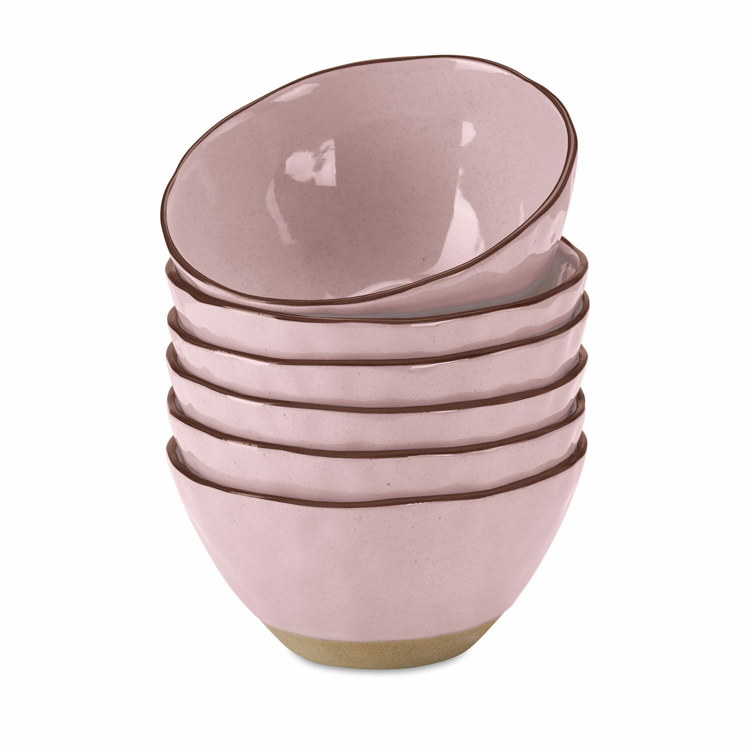 rose Ensemble de 6 bols en céramique Biarritz rose avec bord marron pour la cuisine