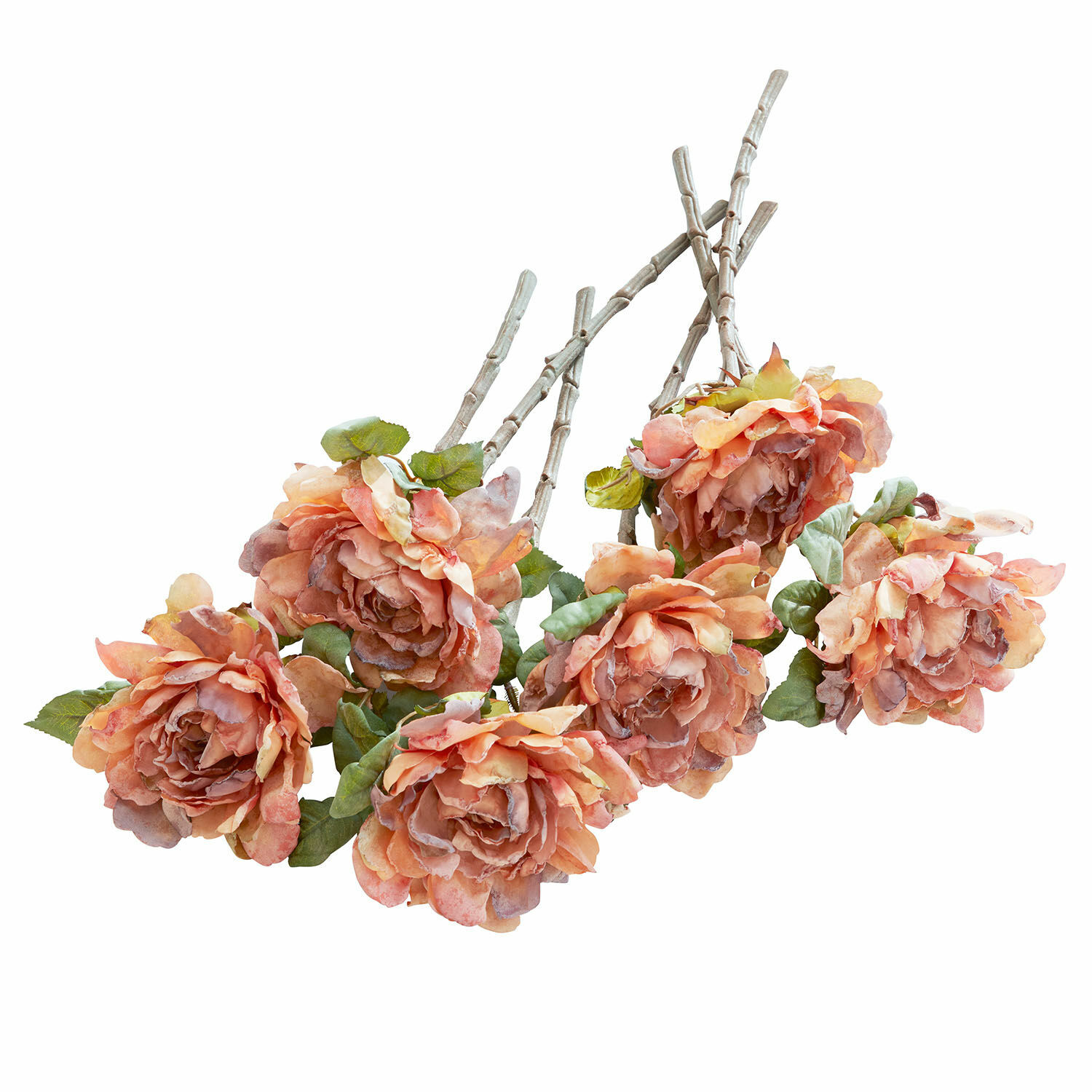 Lot de 6 fleurs décoratives Mervix Bouquet de roses artificielles pêche avec feuilles vertes et tiges beige clair décoratives