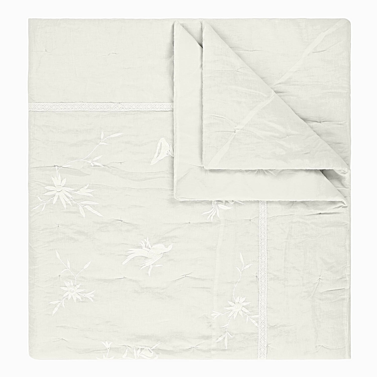 Courtepointe Norwyn Couvre-lit blanc délicat avec broderies florales et oiseaux, tissu doux, décoration de chambre