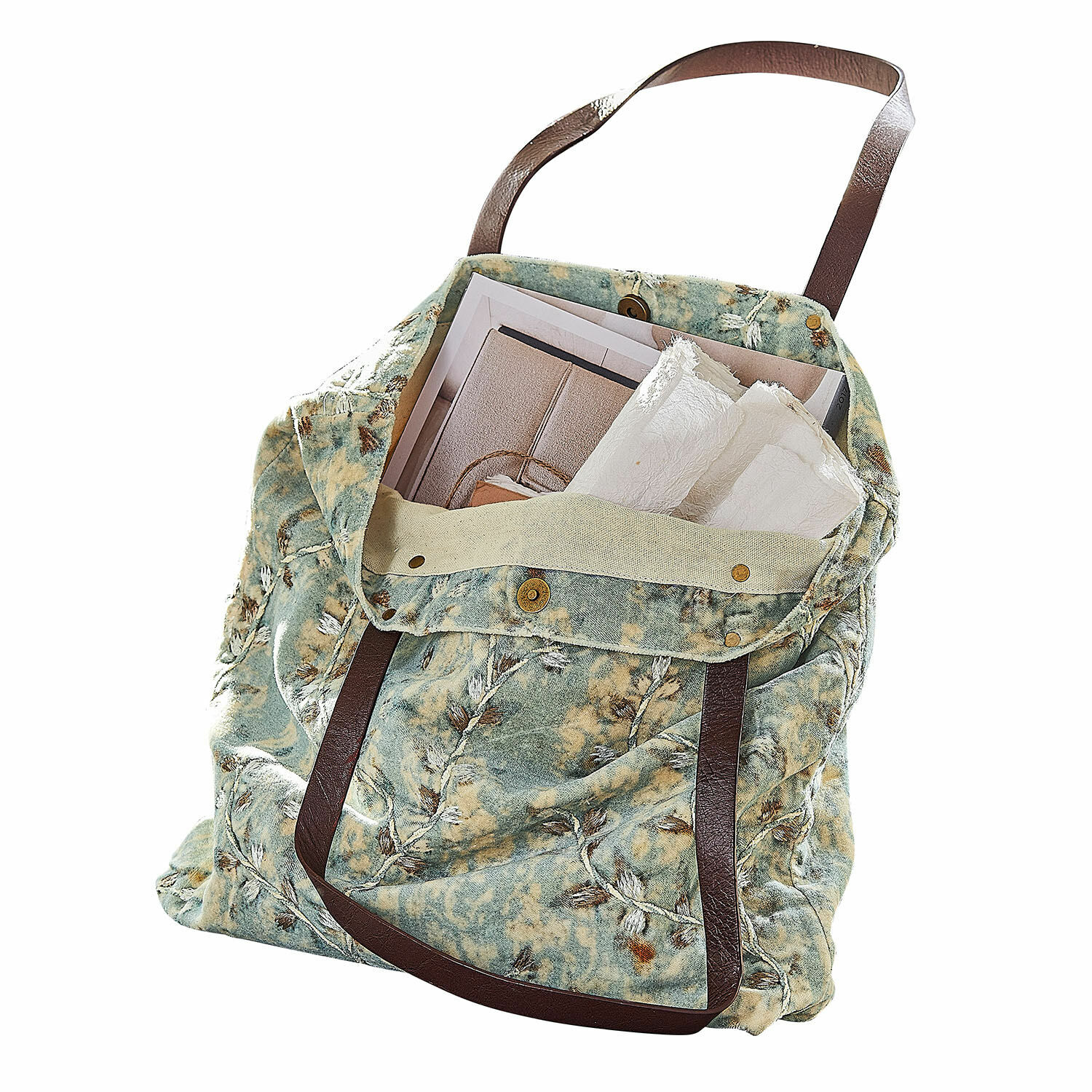 Sac LaRoux Sac en tissu vert-beige à motif avec anses marron, parfait pour les courses et un usage quotidien