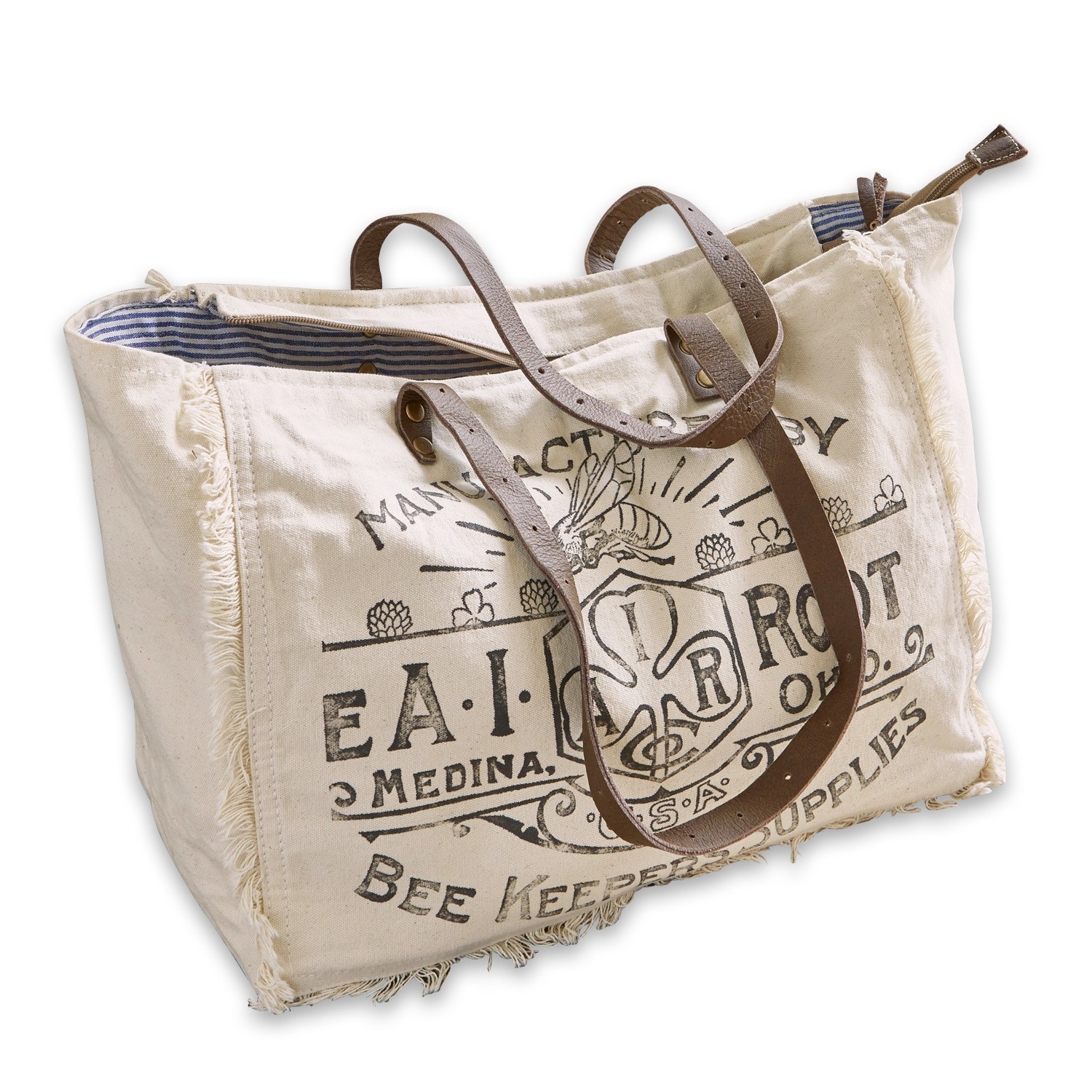 crème/marron Sac crème en coton avec poignées en cuir marron et imprimé abeille, sac cabas pratique