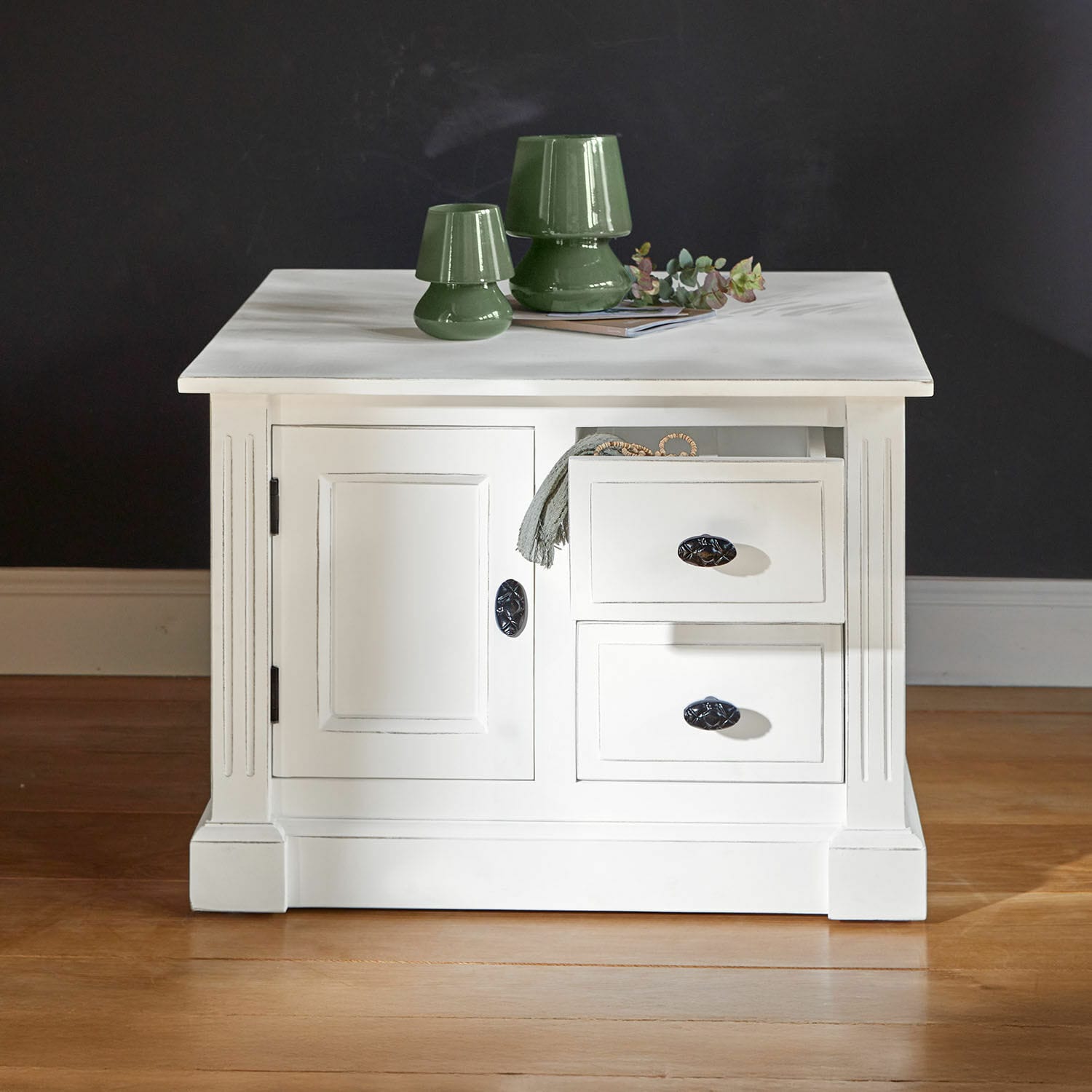 Table basse Lune Sauvage Table en bois blanc avec tiroirs et lampes en céramique verte sur le dessus, meuble de salon
