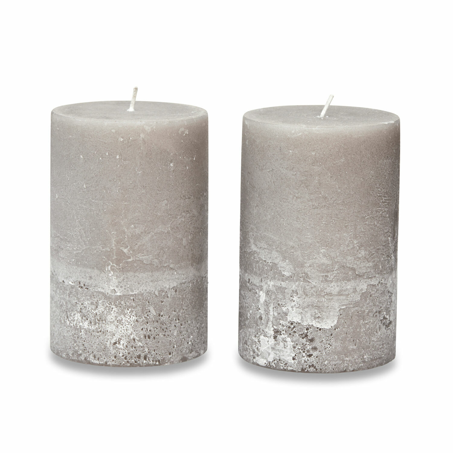 Lot de 2 bougies Oviedo Deux bougies grises avec texture béton, décoration intérieure élégante, bougies décoratives