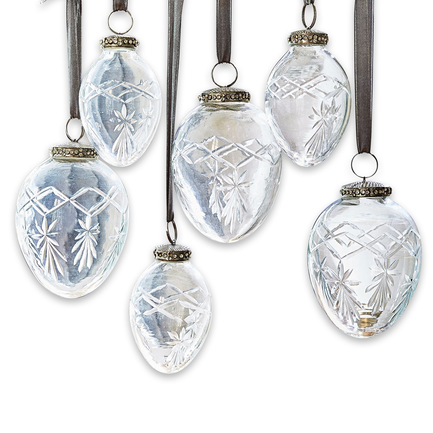 Lot de 6 décorations de Noël Roncey Décorations de Noël en verre transparent avec motif gravé et ruban marron pour suspension