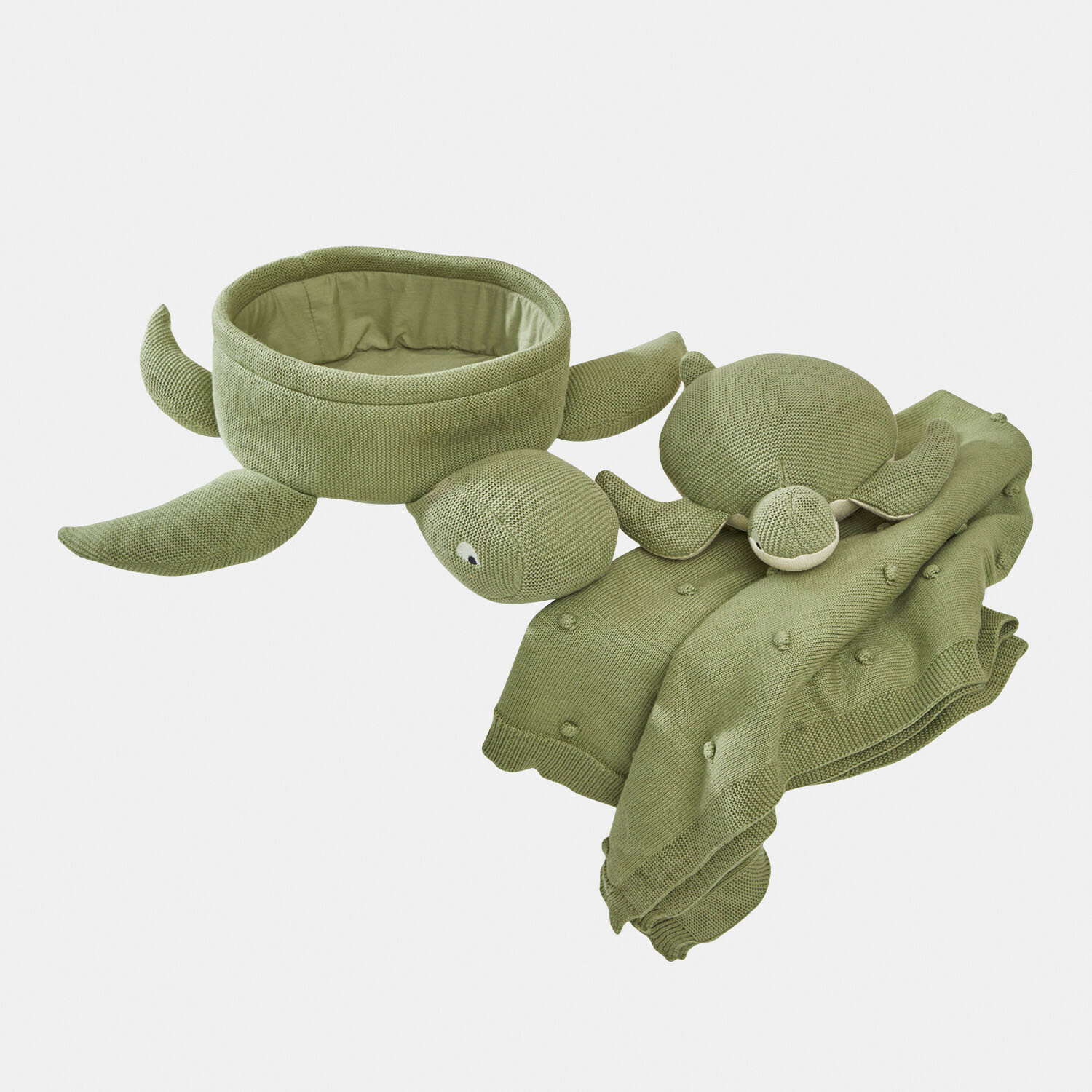 Lot de peluches Bubbilo Boîte et jouet tortue tricotés verts en tissu doux, décoration et rangement pour chambre d'enfant