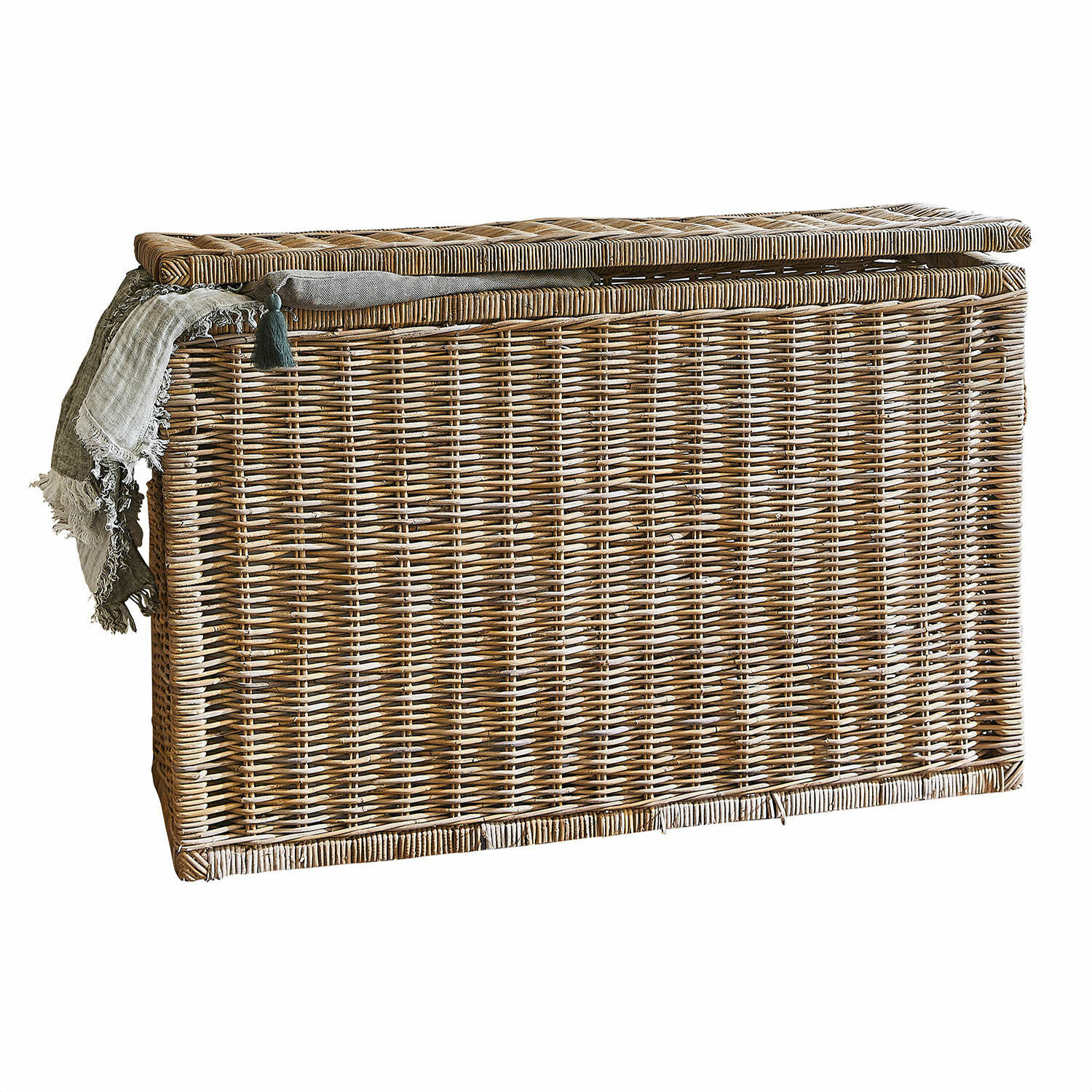 Malle East Ryde Grand panier de rangement en rotin naturel avec couvercle et tissu gris décoratif