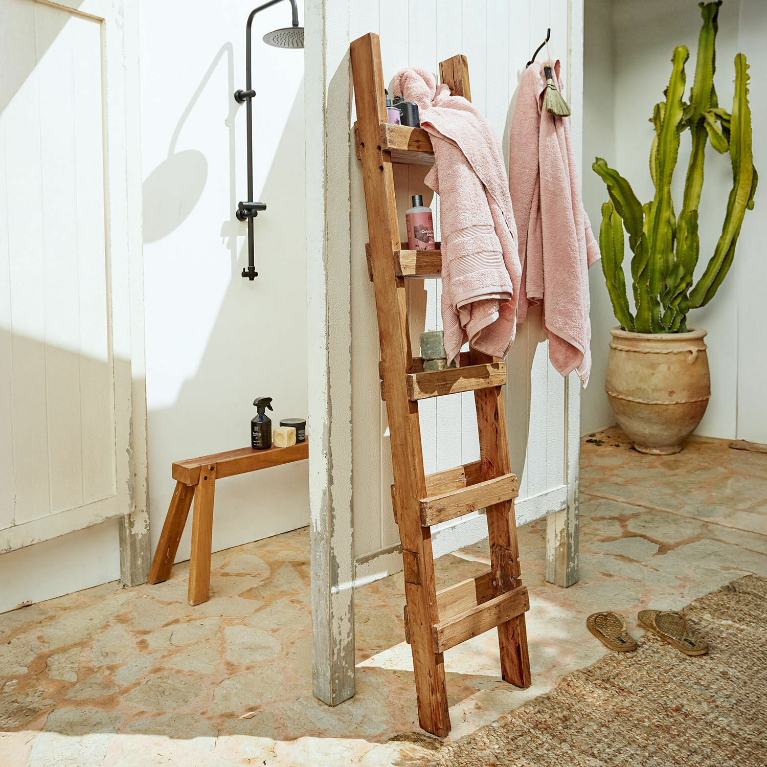 Échelle décorative en bois avec serviettes roses dans une salle de bain lumineuse avec douche et cactus