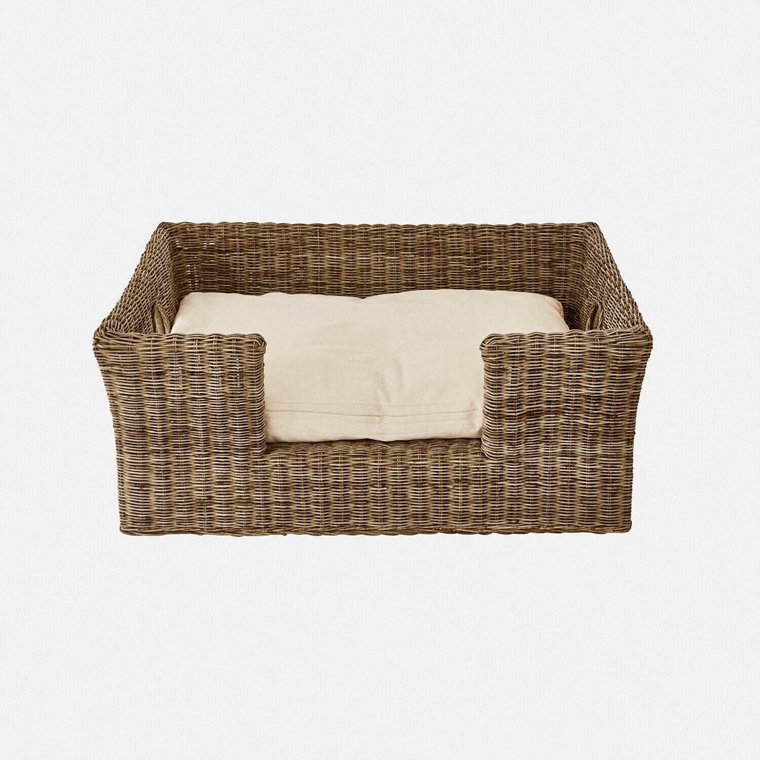 Panier pour animaux en osier marron avec coussin crème, couchage confortable pour chien ou chat