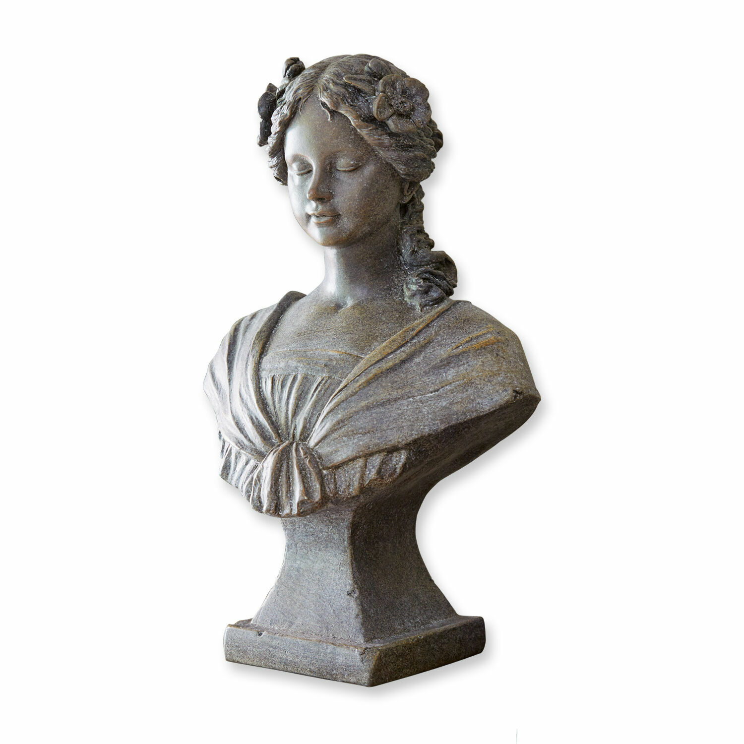 Buste Alexandra Buste féminin en pierre grise avec fleurs dans les cheveux, décoration de jardin classique
