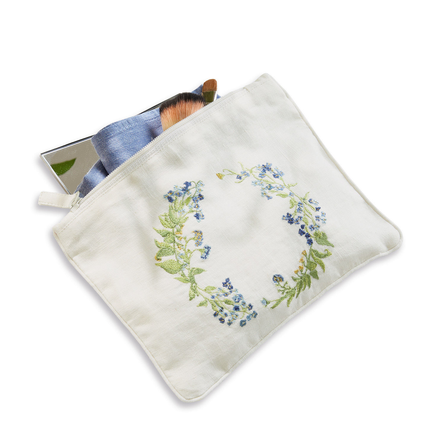 Pochette Fierolla Trousse de maquillage blanche en lin avec broderie florale, pinceaux et miroir à l'intérieur