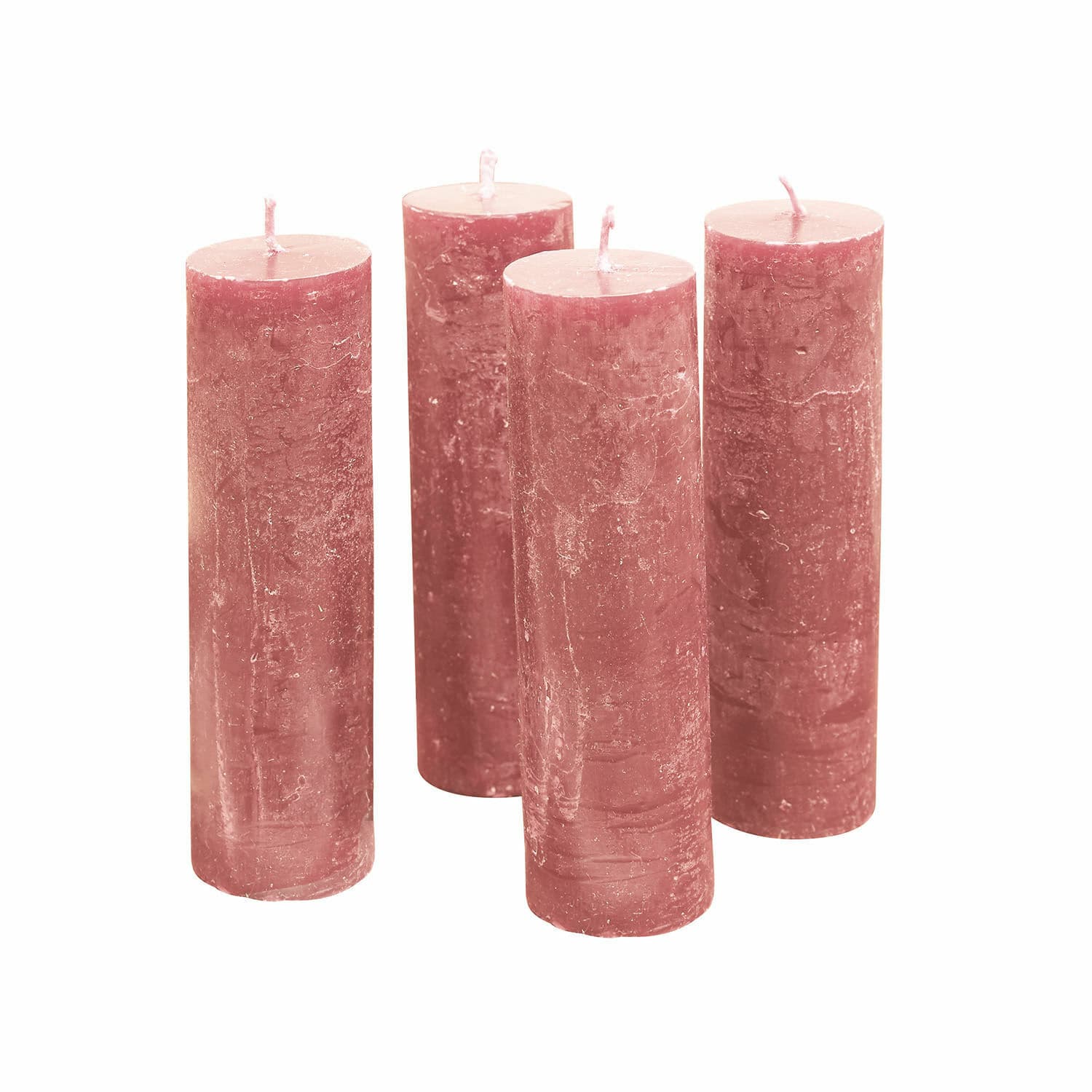 Lot de 4 bougies Muriel Ensemble de quatre bougies cylindriques roses en cire pour décoration et ambiance relaxante
