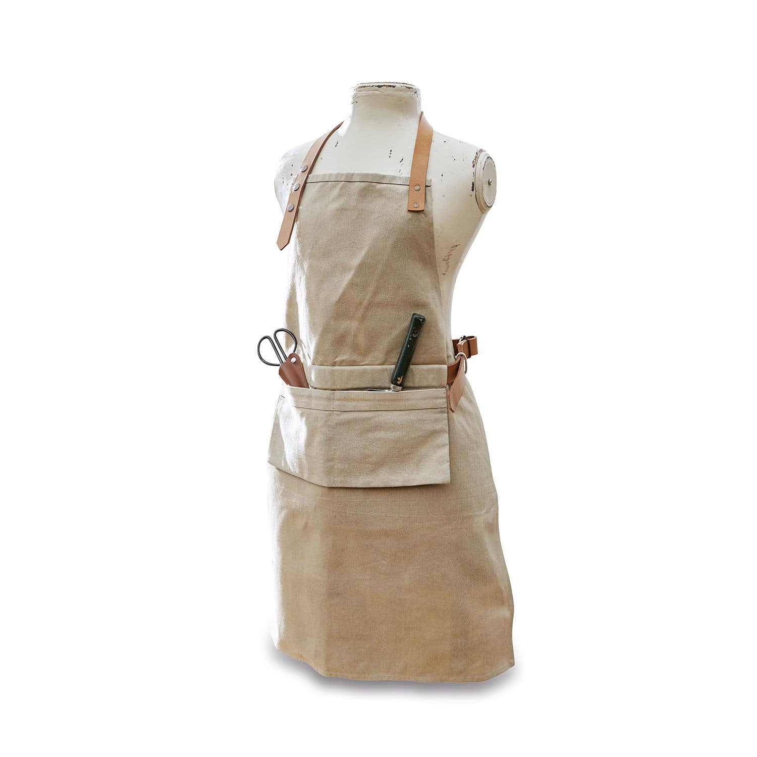 Tablier Garda Tablier beige en coton avec poche et lanières en cuir, tablier de cuisine pratique