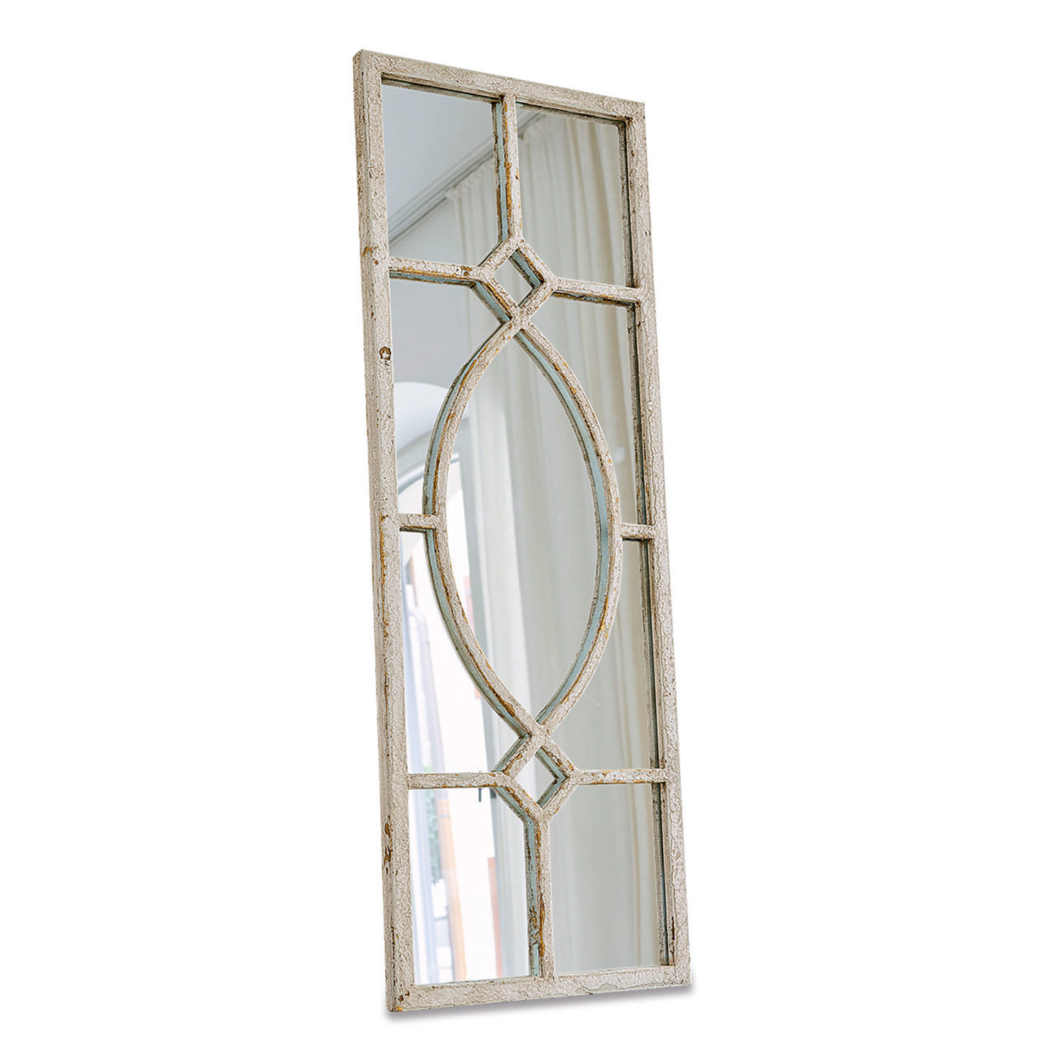 Miroir Millery Miroir mural en bois blanc vieilli avec motif décoratif, style vintage pour décoration intérieure