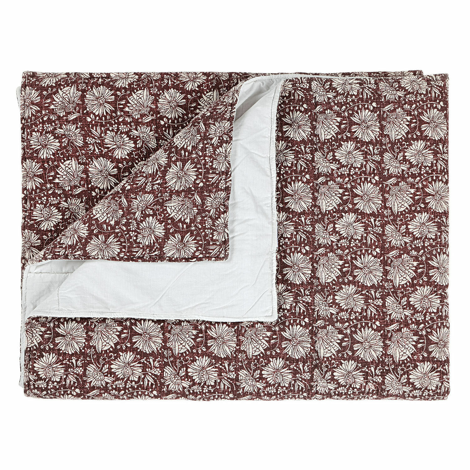 Plaid Soleique Couvre-lit réversible en coton avec motif floral bordeaux et face blanche, linge de maison décoratif