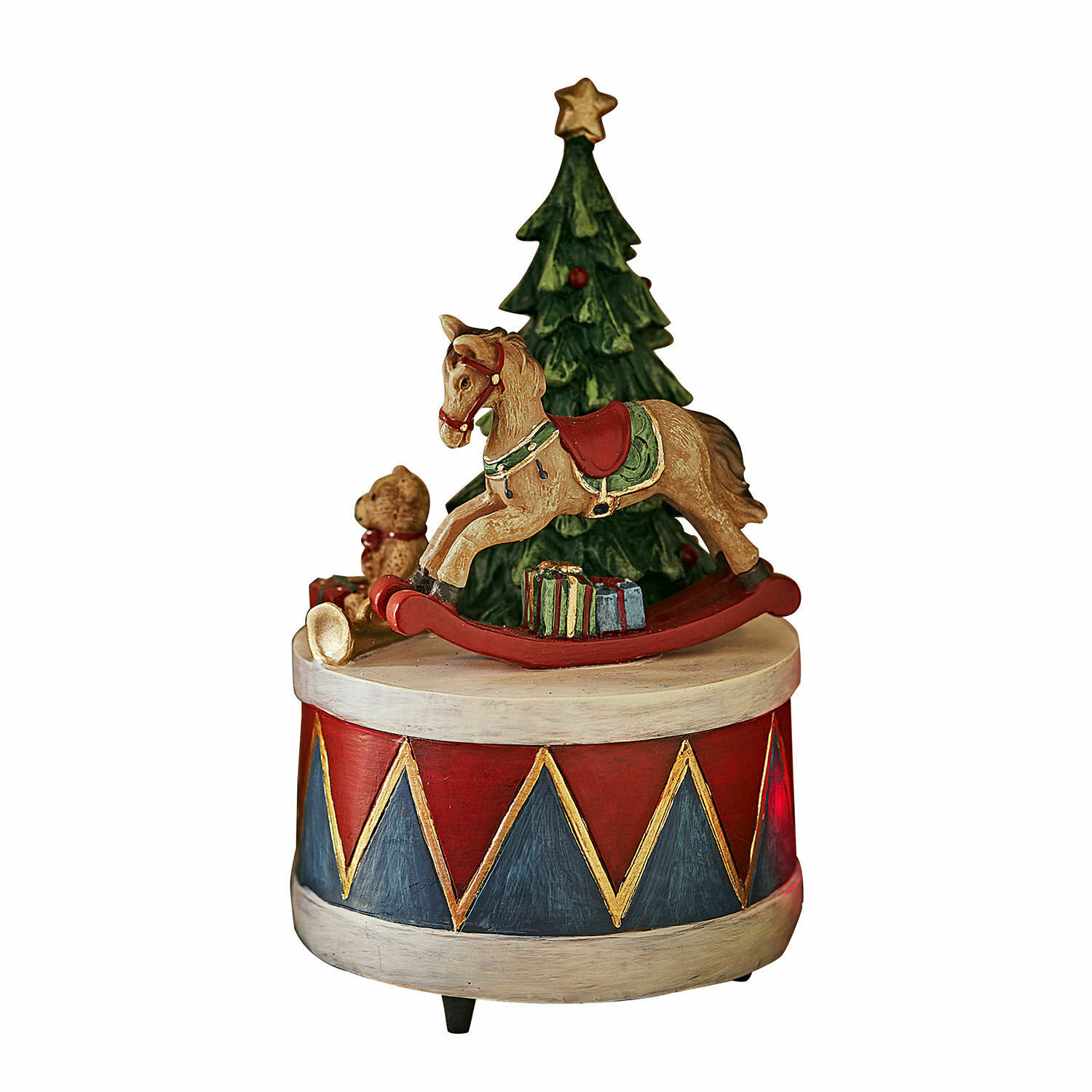 Boîte à musique Harmony Décoration de Noël en bois avec cheval à bascule, sapin et ours sur tambour rouge et bleu