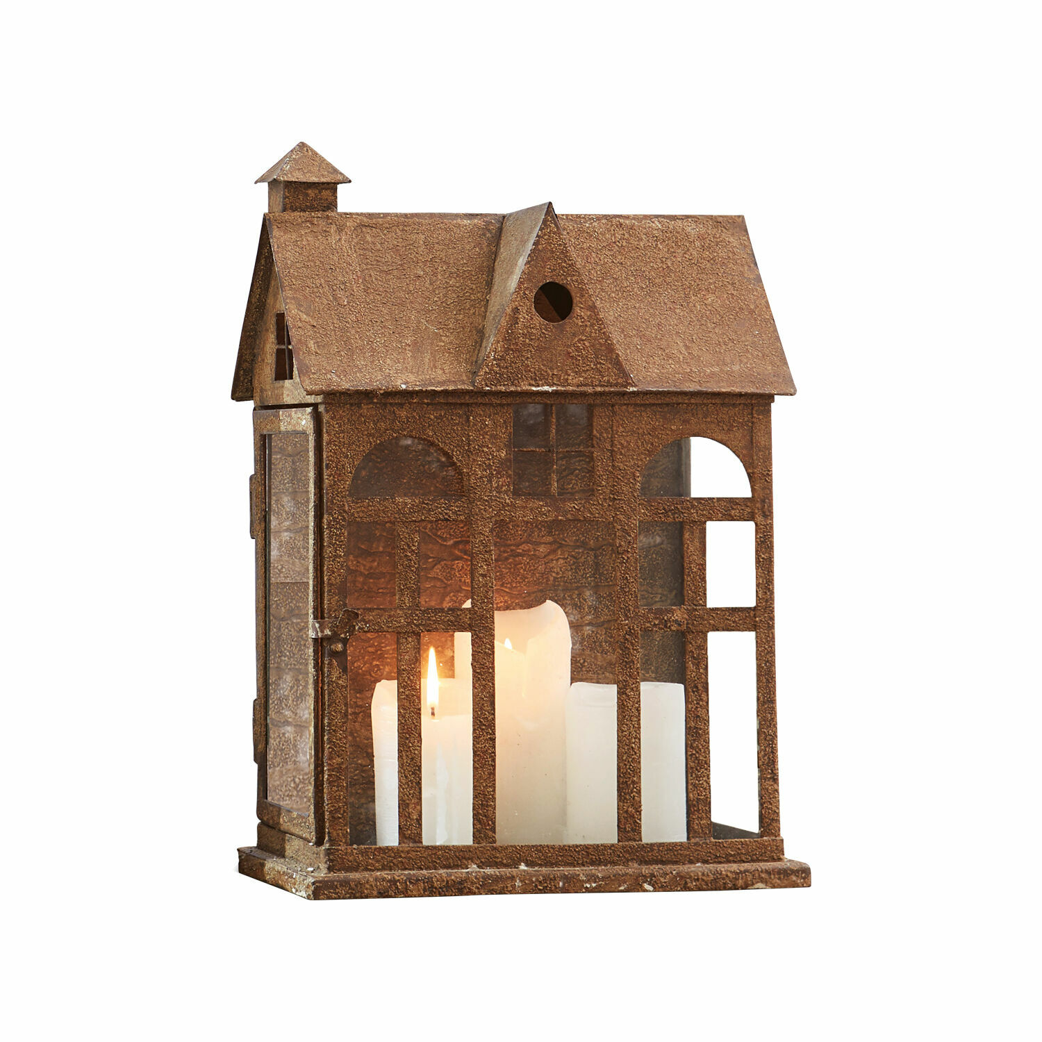 cuivré Lanterne en forme de maison en métal rouillé avec bougies blanches, décoration intérieure et extérieure