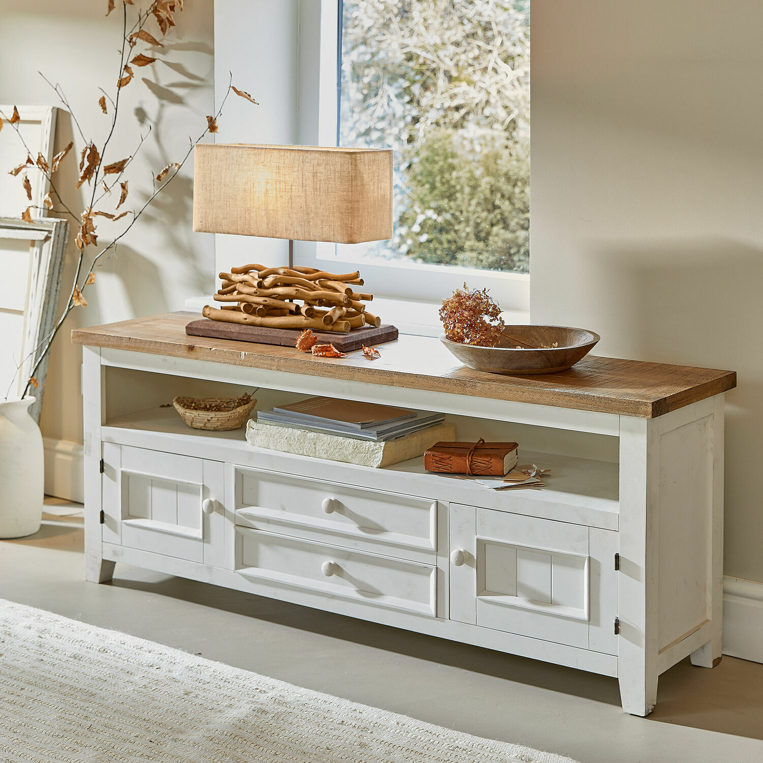 Console Yukon Buffet en bois blanc avec étagères et tiroirs, plateau en bois naturel, meuble de salon