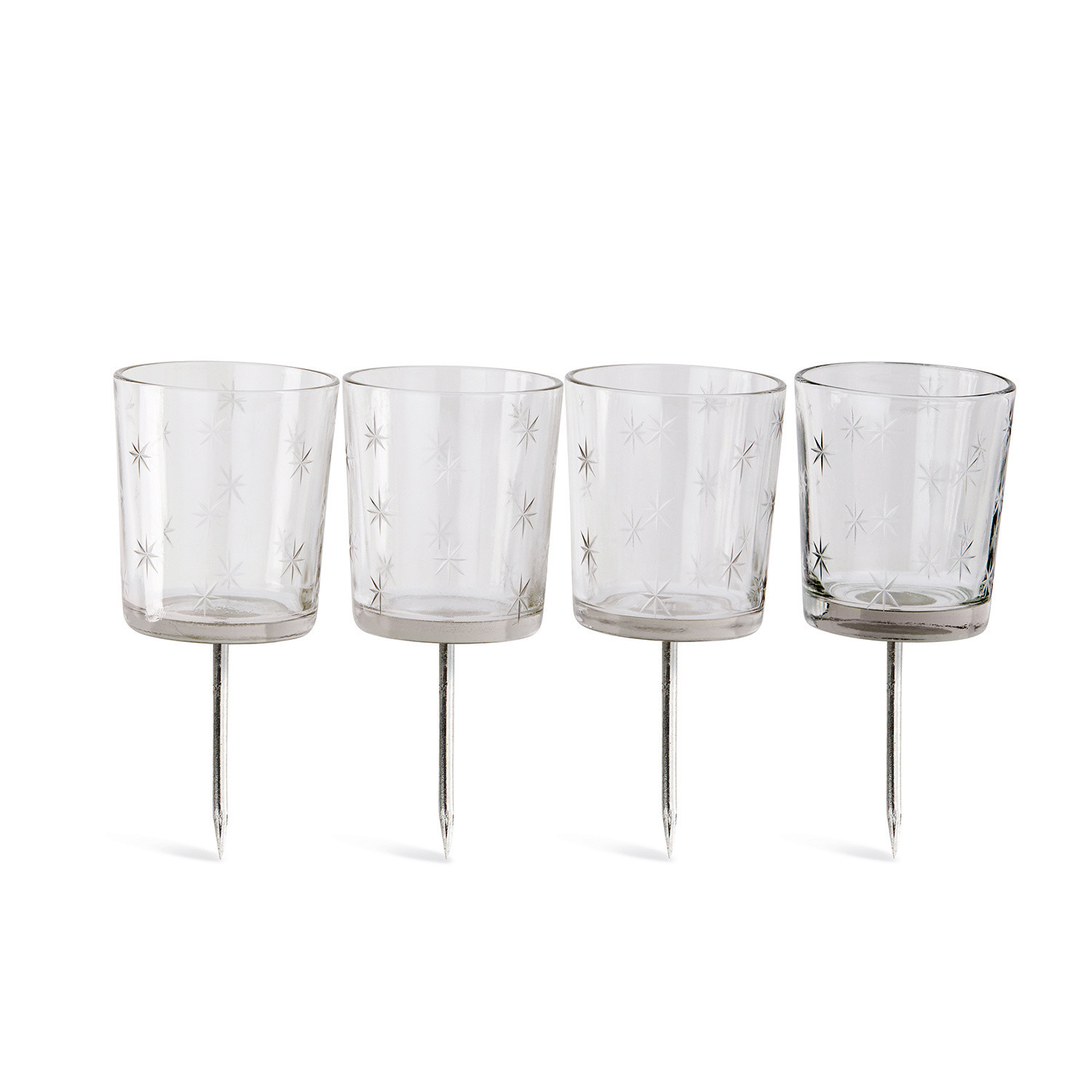 Lot de 4 photophores à planter Fenella Ensemble de 4 photophores en verre avec piques métalliques et motif d'étoiles pour décoration extérieure