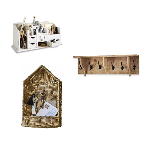 Ensemble de trois organiseurs en bois et rotin naturel avec crochets et tiroirs pour rangement