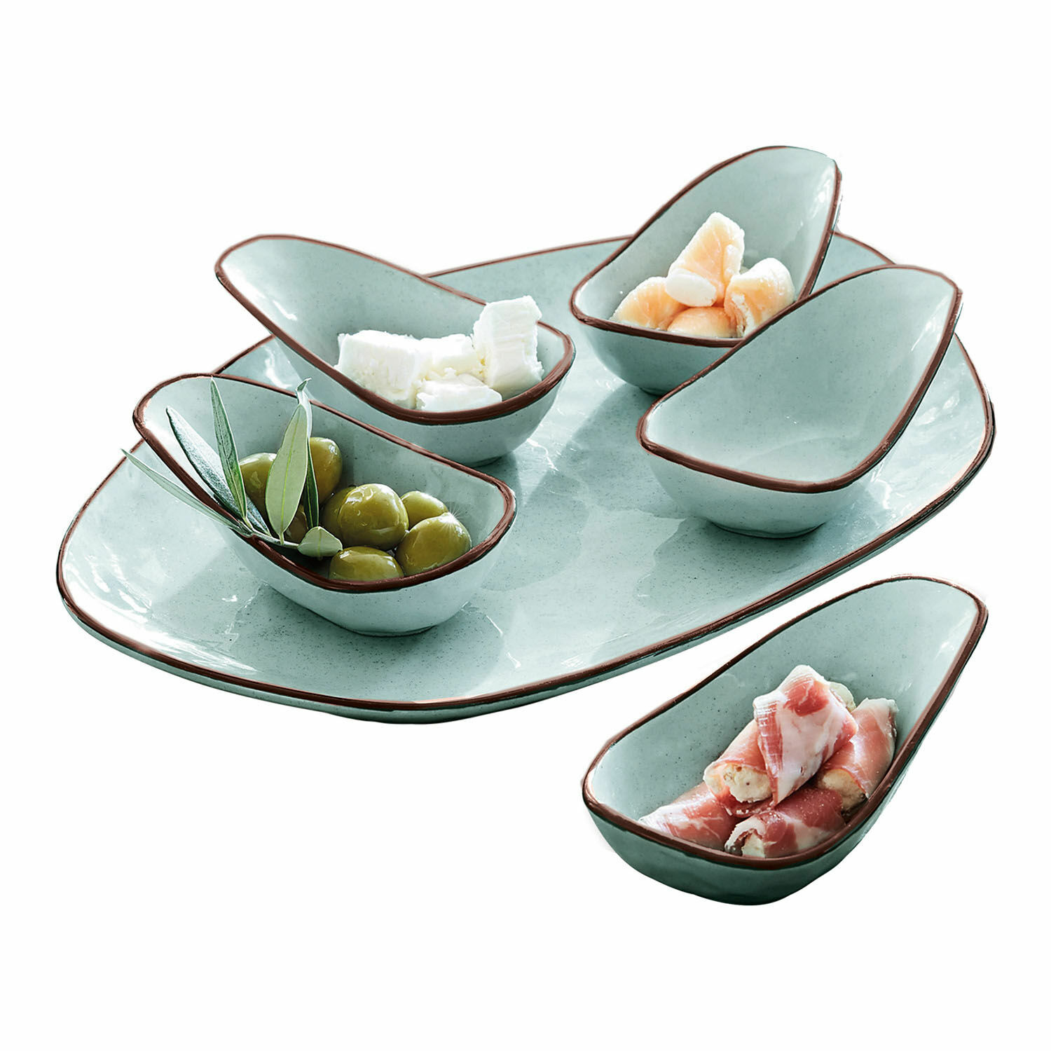 Lot de coupelles, 6 pièces Biarré Ensemble de bols et assiette en céramique vert menthe avec bord brun pour servir des amuse-bouches