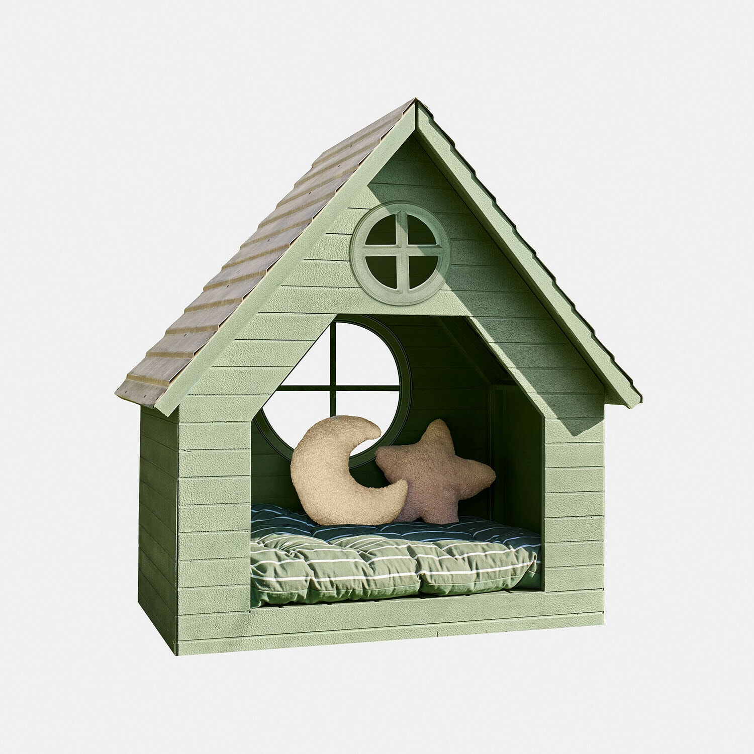 Maison verte en bois pour animaux avec fenêtre ronde et coussin rayé confortable