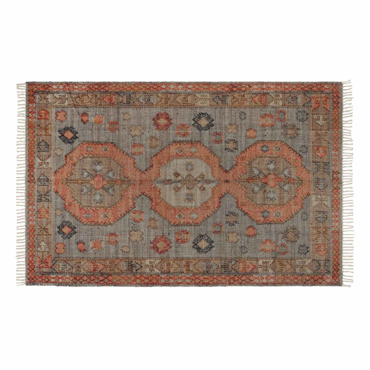 Tapis Exeter Tapis en coton gris et orange avec motif vintage et franges, décoration intérieure élégante