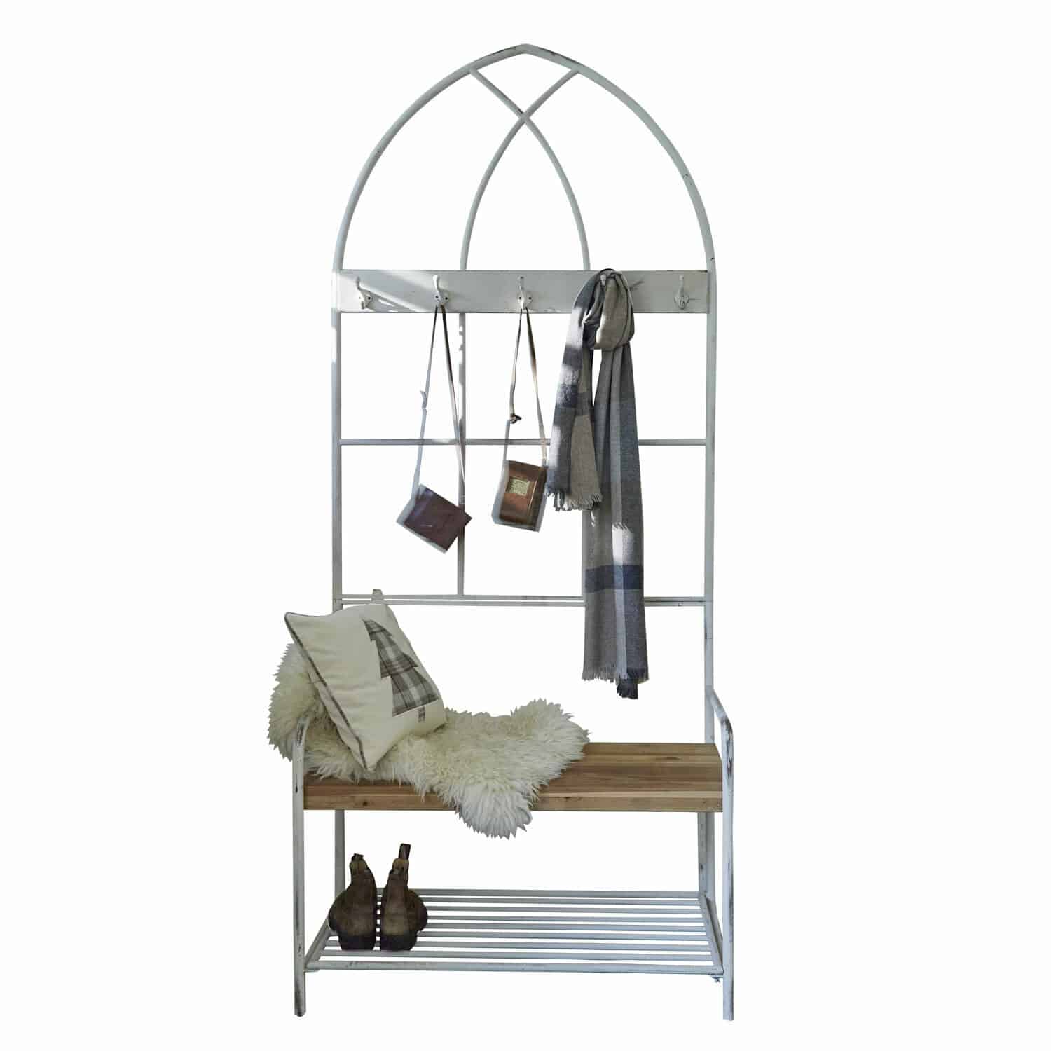 Portemanteau Oliviette Banc en métal blanc avec assise en bois et crochets pour vêtements, meuble d'entrée décoratif