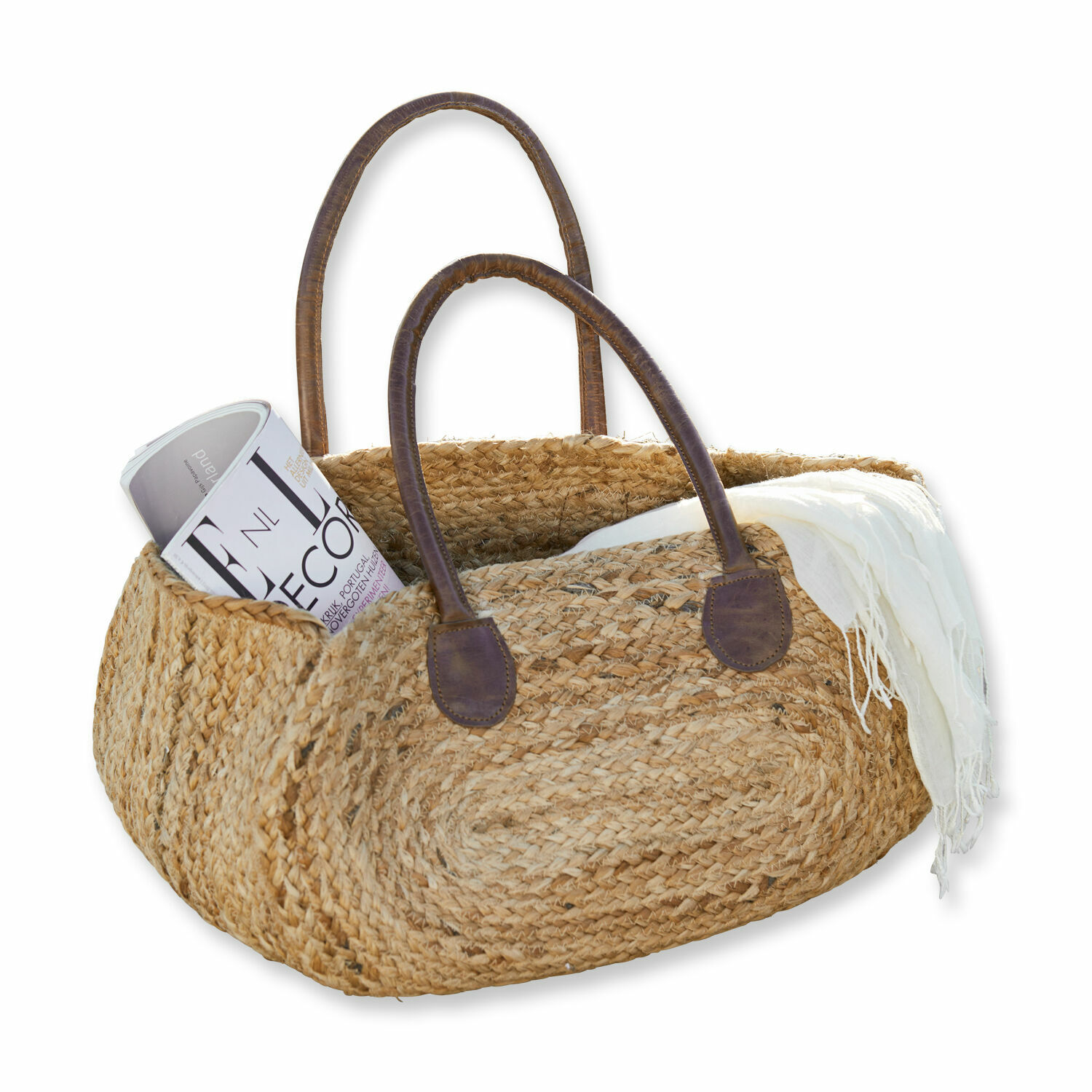 Cabas Gravesend Sac en osier tressé avec poignées en cuir marron, couleur naturelle, sac de courses pratique