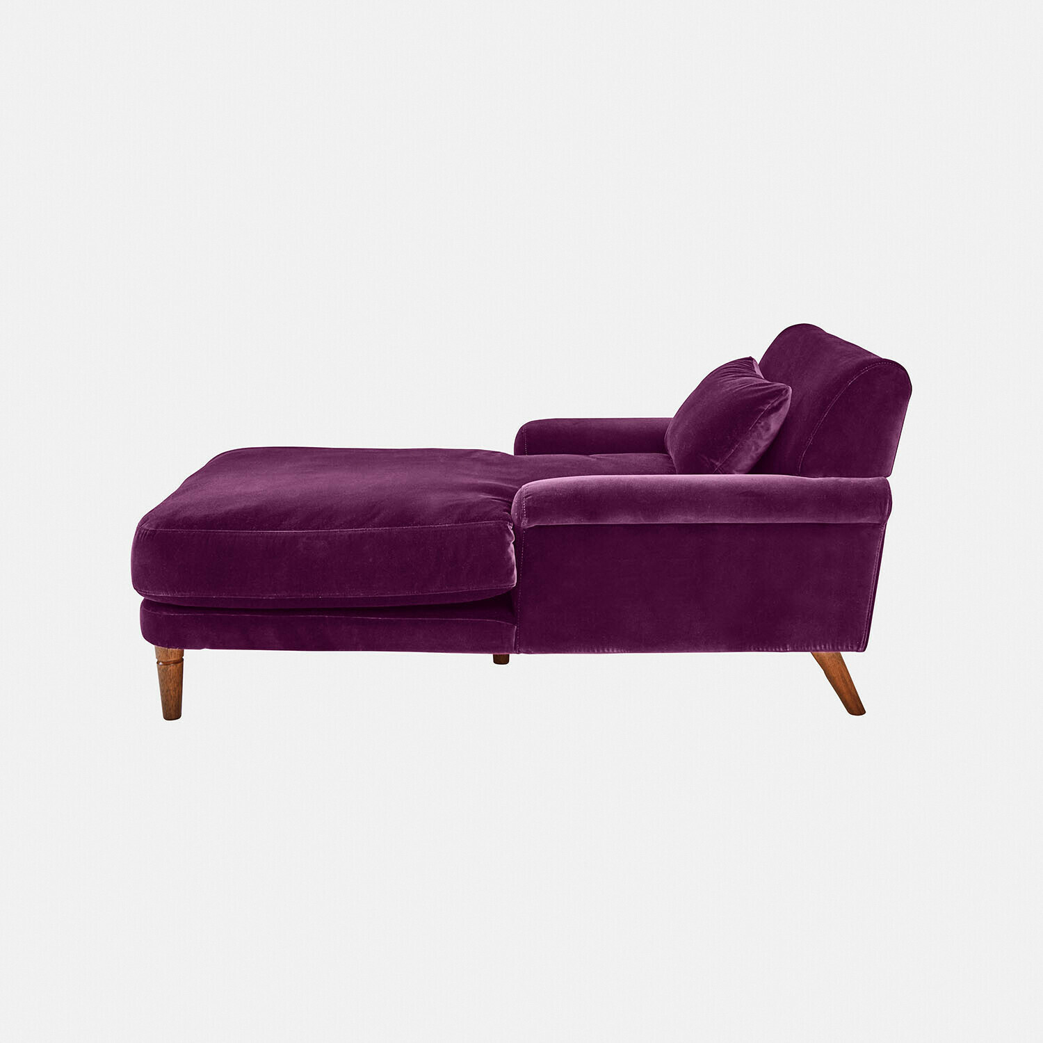 violet Chaise longue Jouvrelle en velours violet avec pieds en bois, confortable pour salon et détente