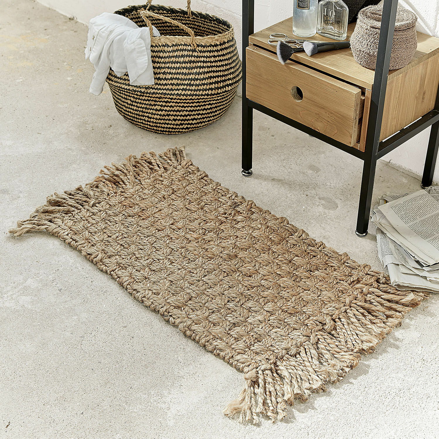 Paillasson Moody Tapis tissé à la main en jute naturelle avec franges, décoration d'intérieur et tapis de sol
