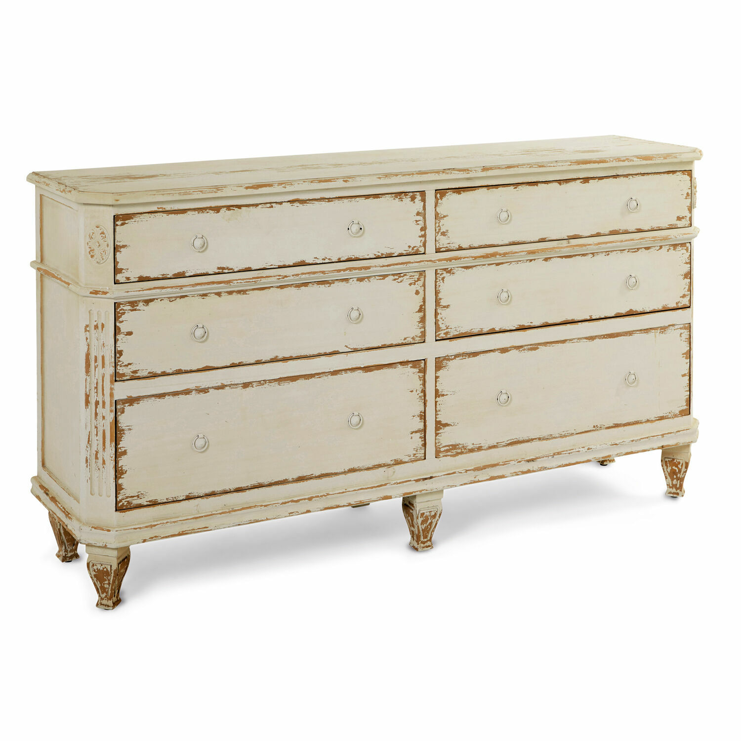 Commode Commeren Commode en bois style vintage crème avec six tiroirs et finition vieillie pour rangement pratique