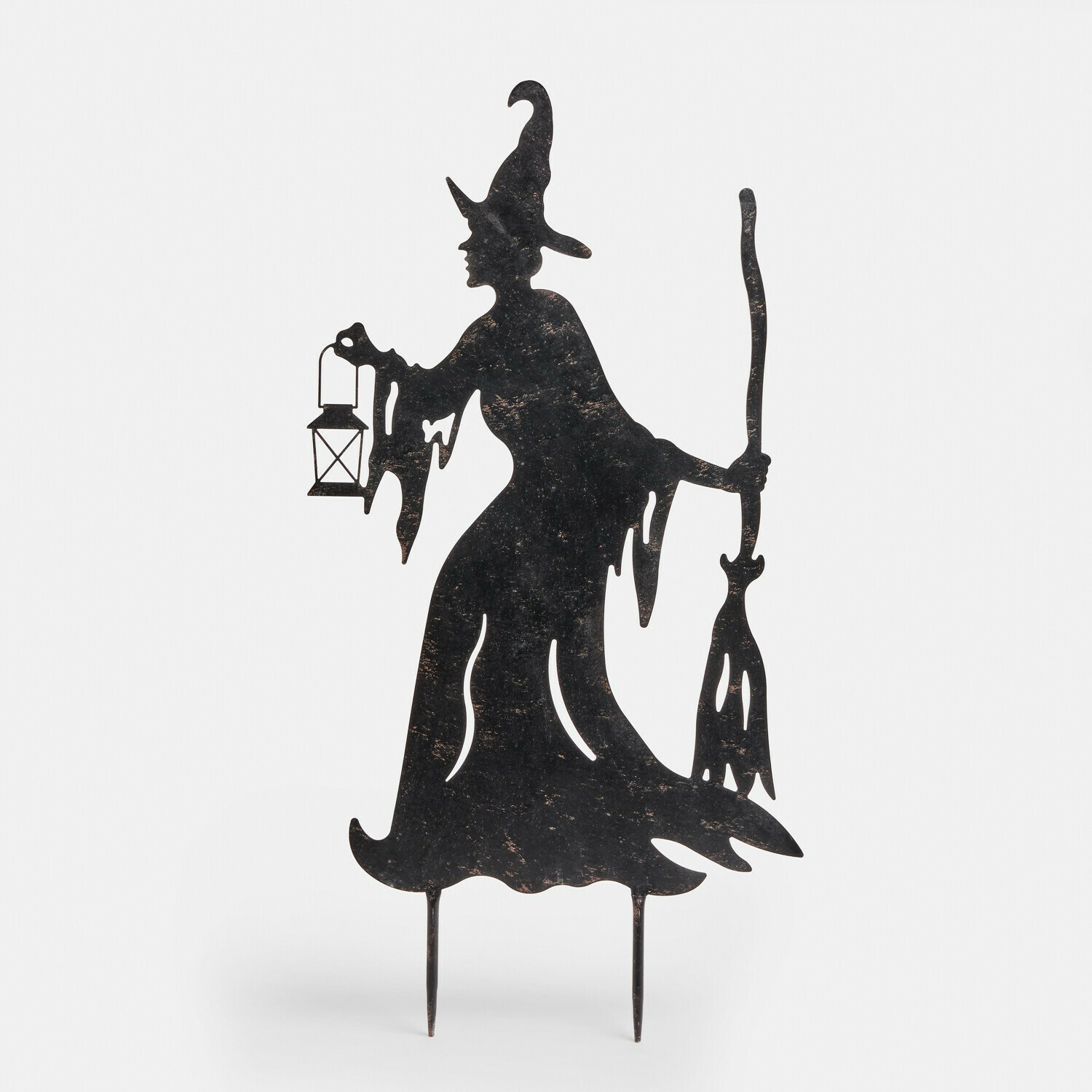 Pique de jardin Talmora Décoration de jardin en métal noir représentant une sorcière avec lanterne et balai pour Halloween