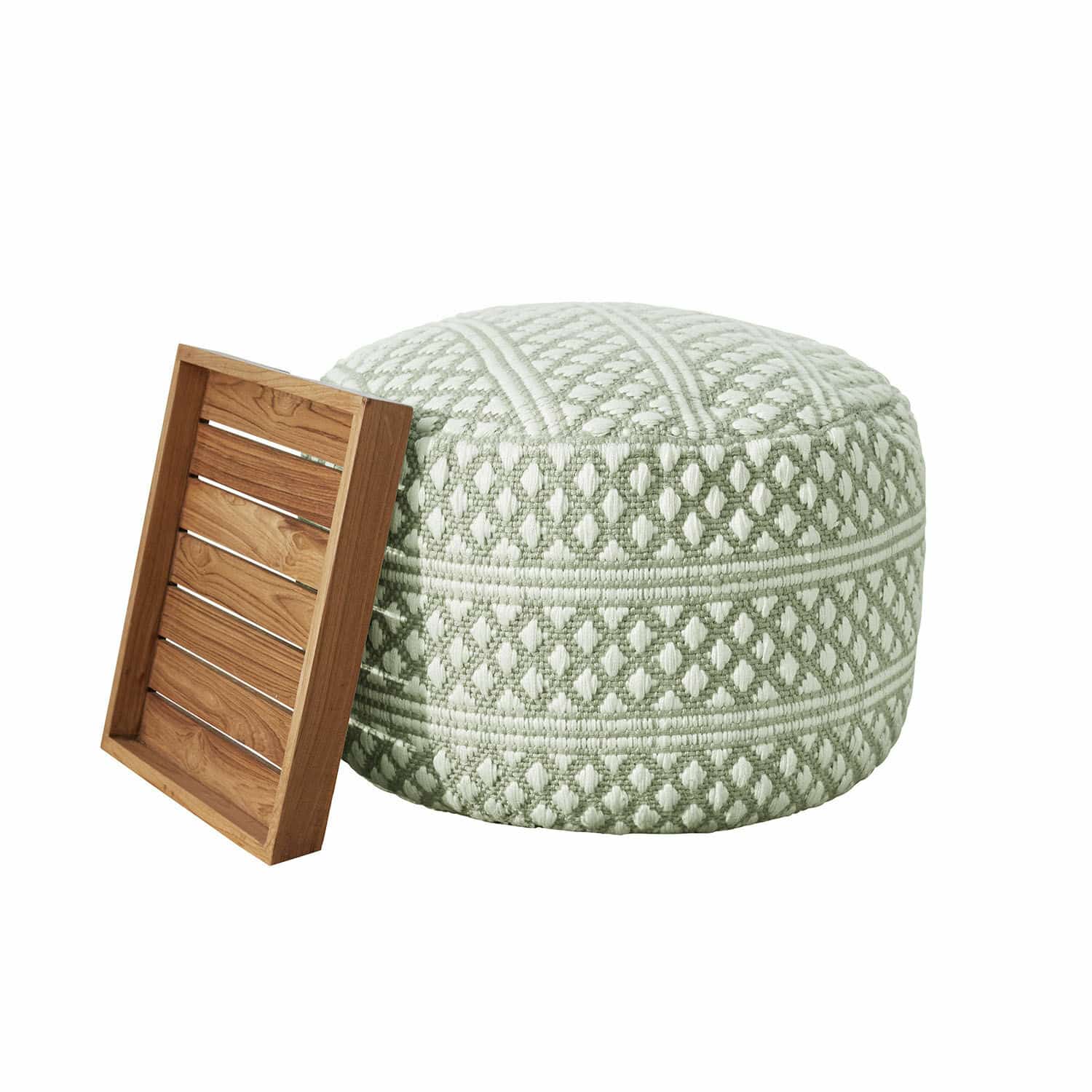 Pouf intérieur et extérieur Mintares Pouf rond en tissu vert clair et blanc avec plateau en bois à côté, meuble d'intérieur