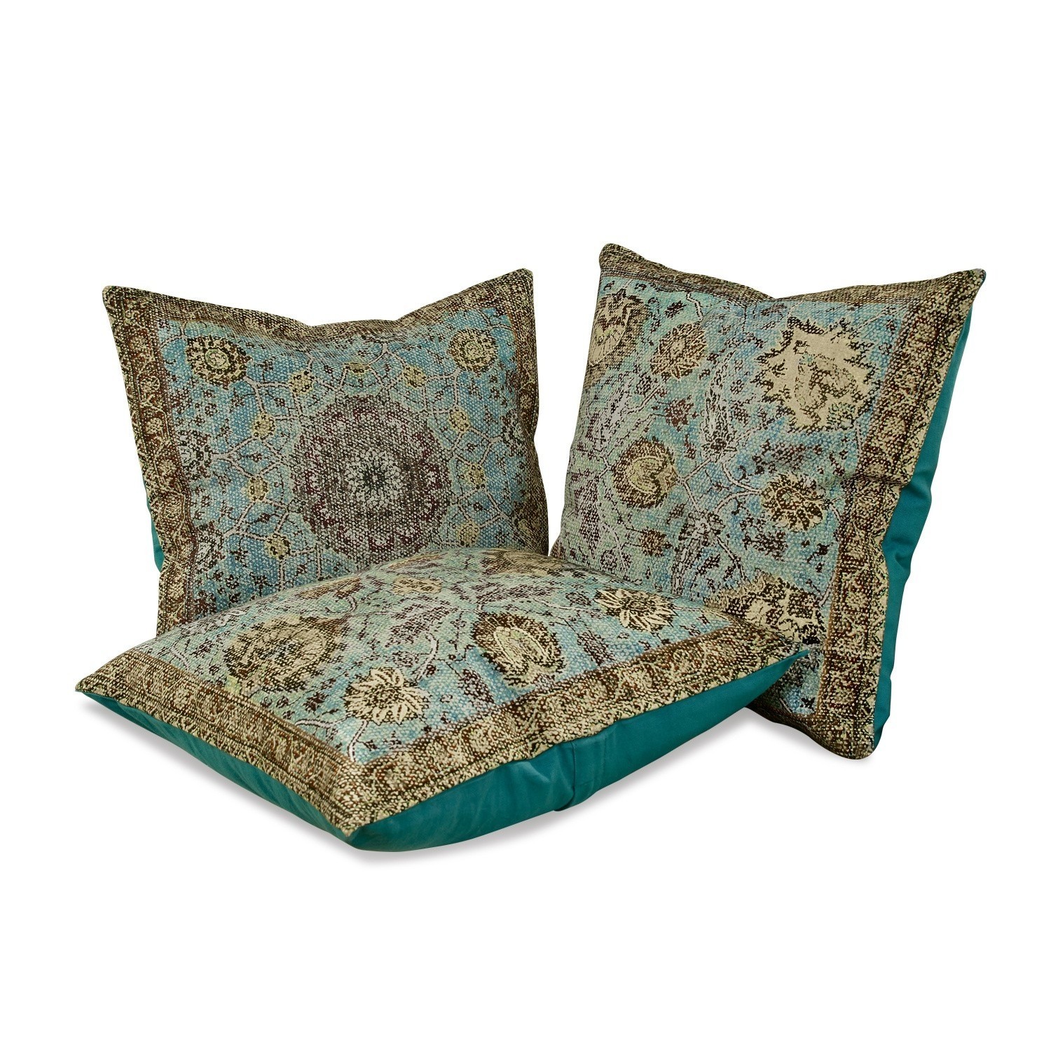 Lot de 3 housses de coussin Candice turquoise avec motif oriental, housses décoratives pour coussins