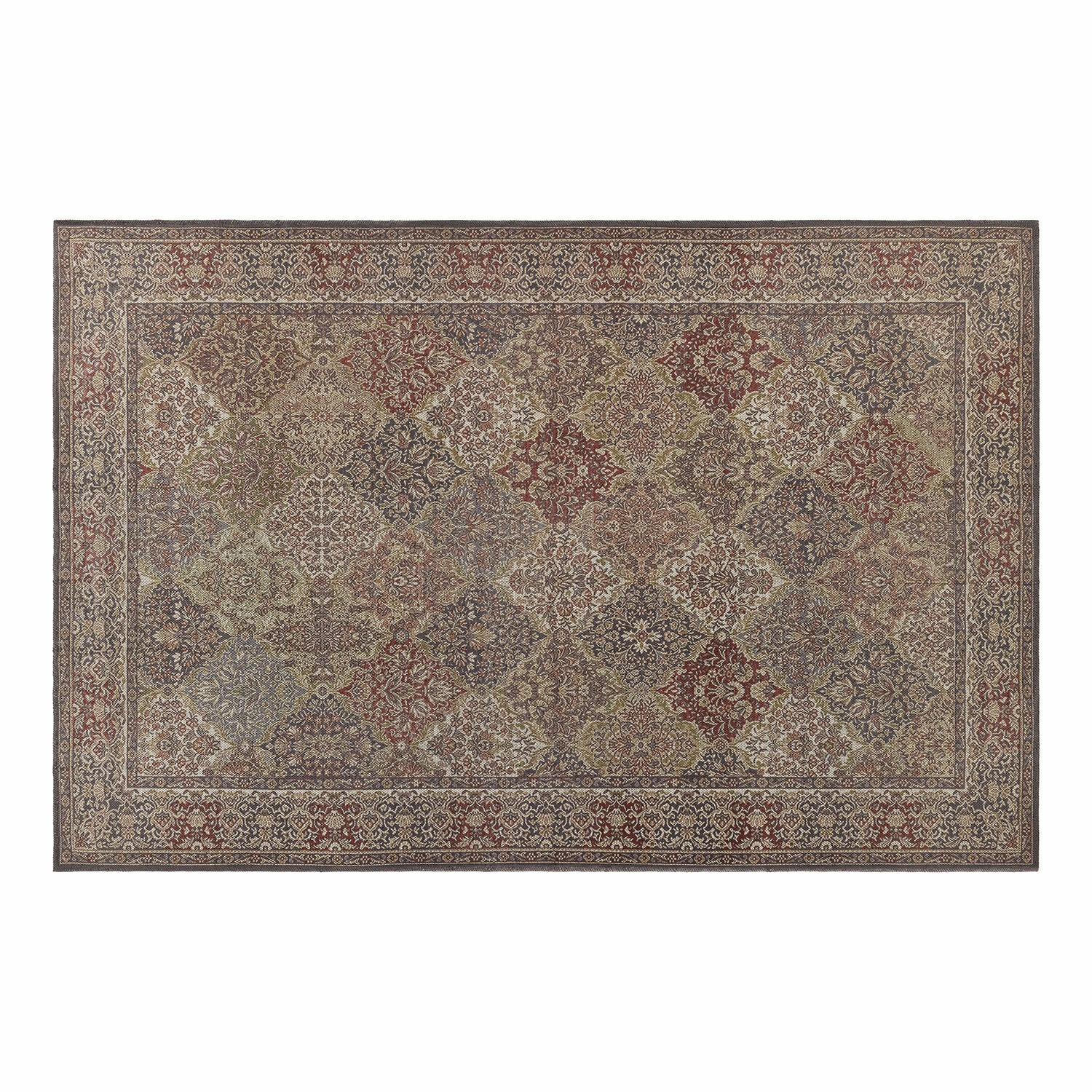 Tapis à motif patchwork aux tons chauds marron et rouge, décoration de sol élégante pour salon