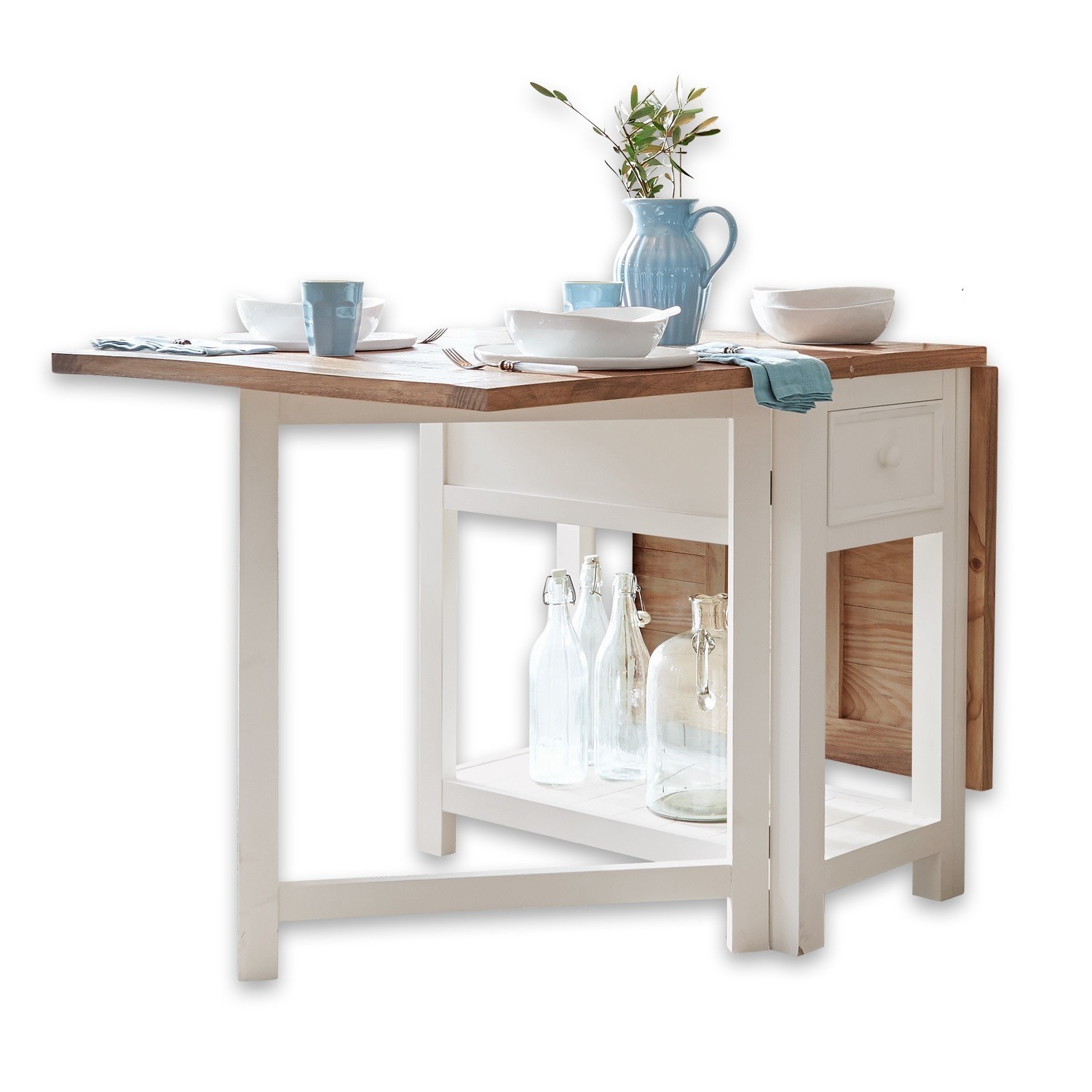 Table Dale Table pliante en bois blanc avec plateau en bois naturel, décorée de vaisselle et d'une carafe bleue