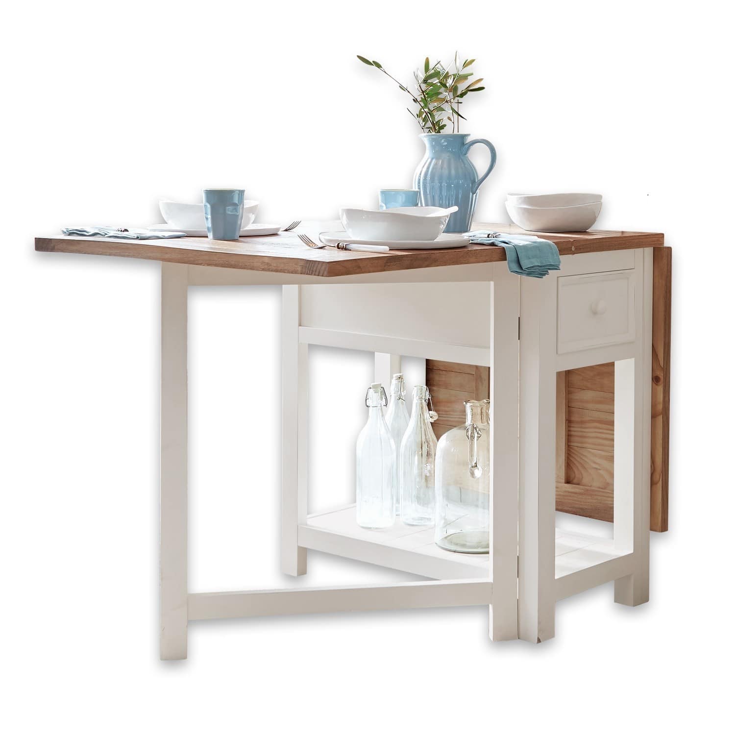 Table Dale Table pliante en bois blanc avec plateau en bois naturel, décorée de vaisselle et d'une carafe bleue