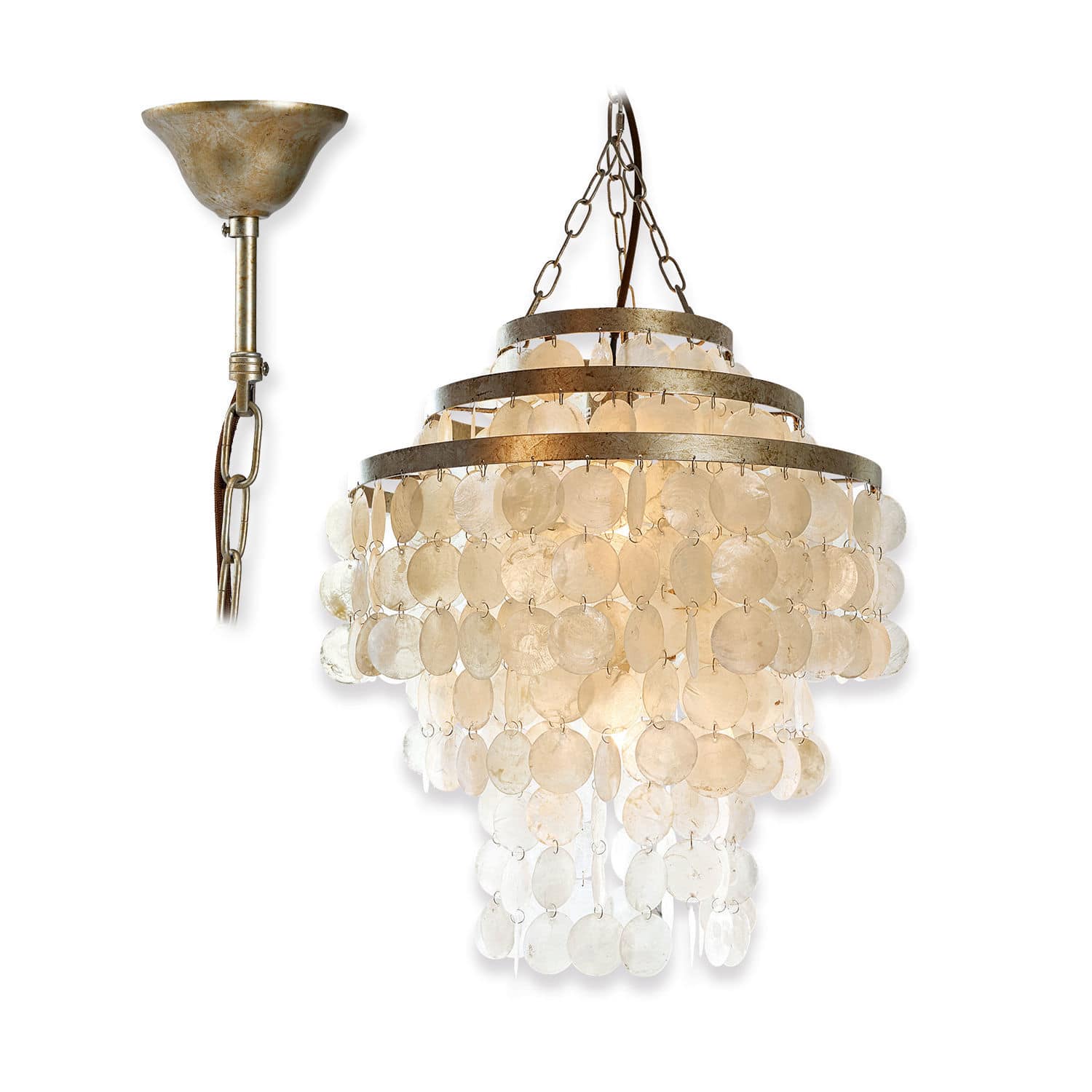 Lustre Runa Suspension décorative avec disques blancs en nacre et structure métallique dorée, lampe d'intérieur élégante