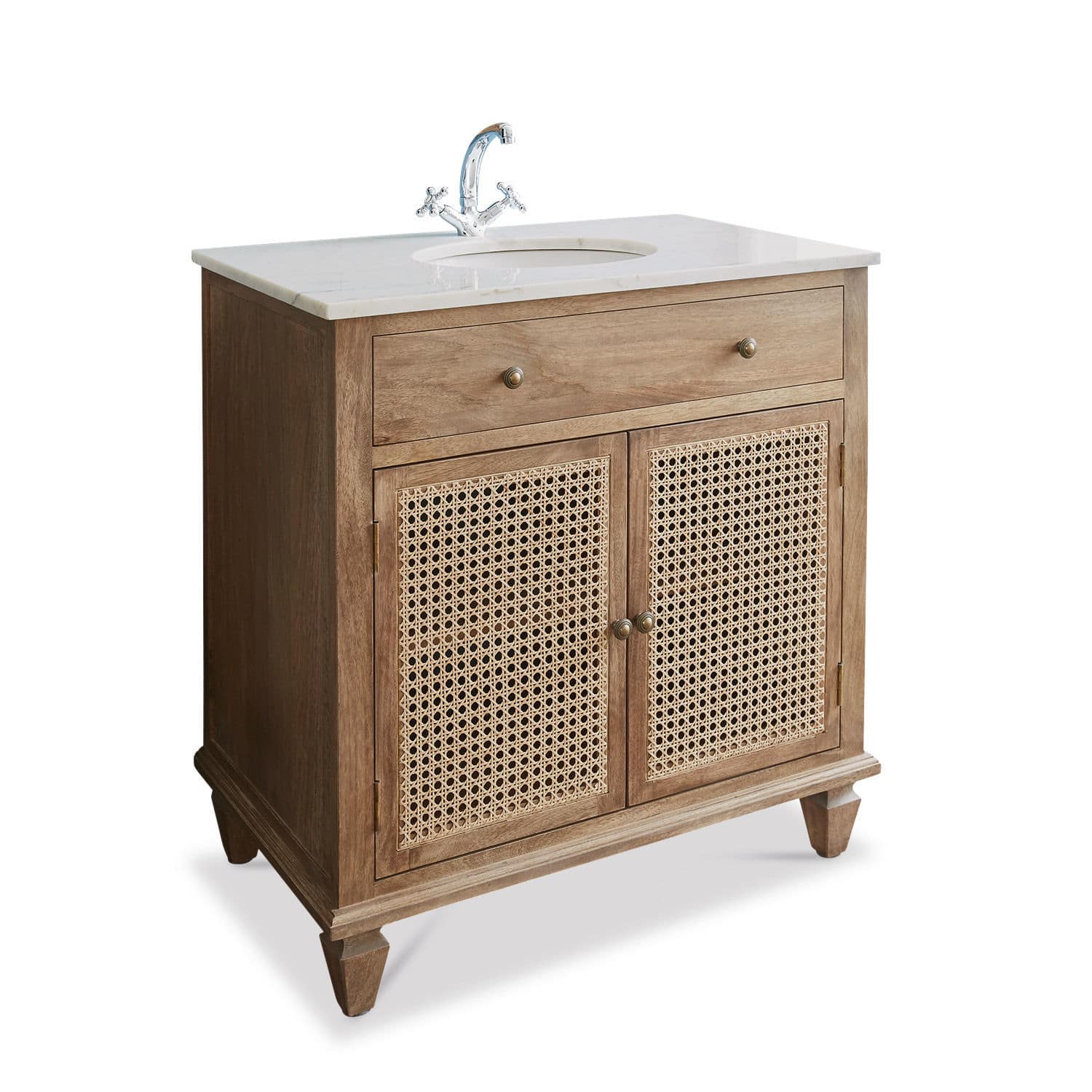 Meuble et vasque Emyl Meuble de salle de bain en bois et rotin avec plan en marbre blanc et robinet chromé