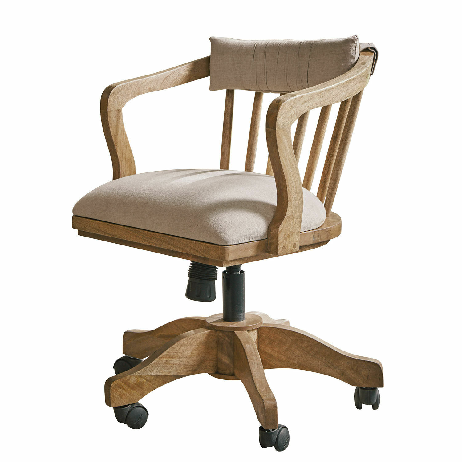 Chaise de bureau Lemuel Chaise de bureau pivotante en bois de manguier avec assise beige, style rustique pour bureau à domicile