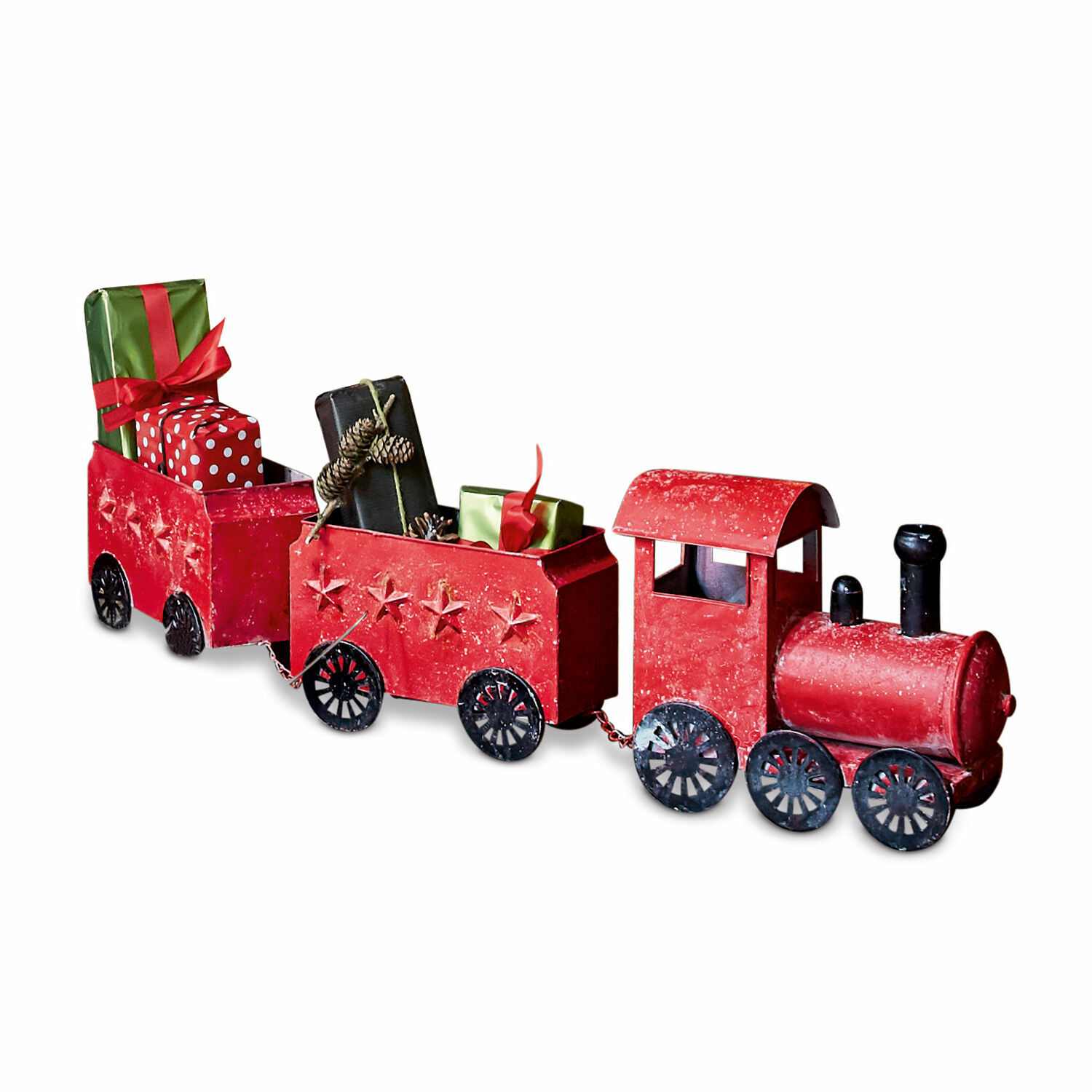 Train décoratif Ayene Train décoratif en métal rouge avec étoiles, rempli de cadeaux, décoration de Noël festive