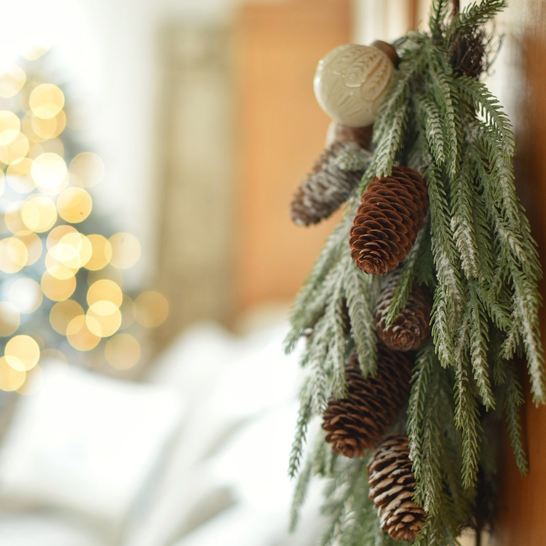 Décoration de Noël avec branches vertes et pommes de pin brunes sur fond de lumières floues